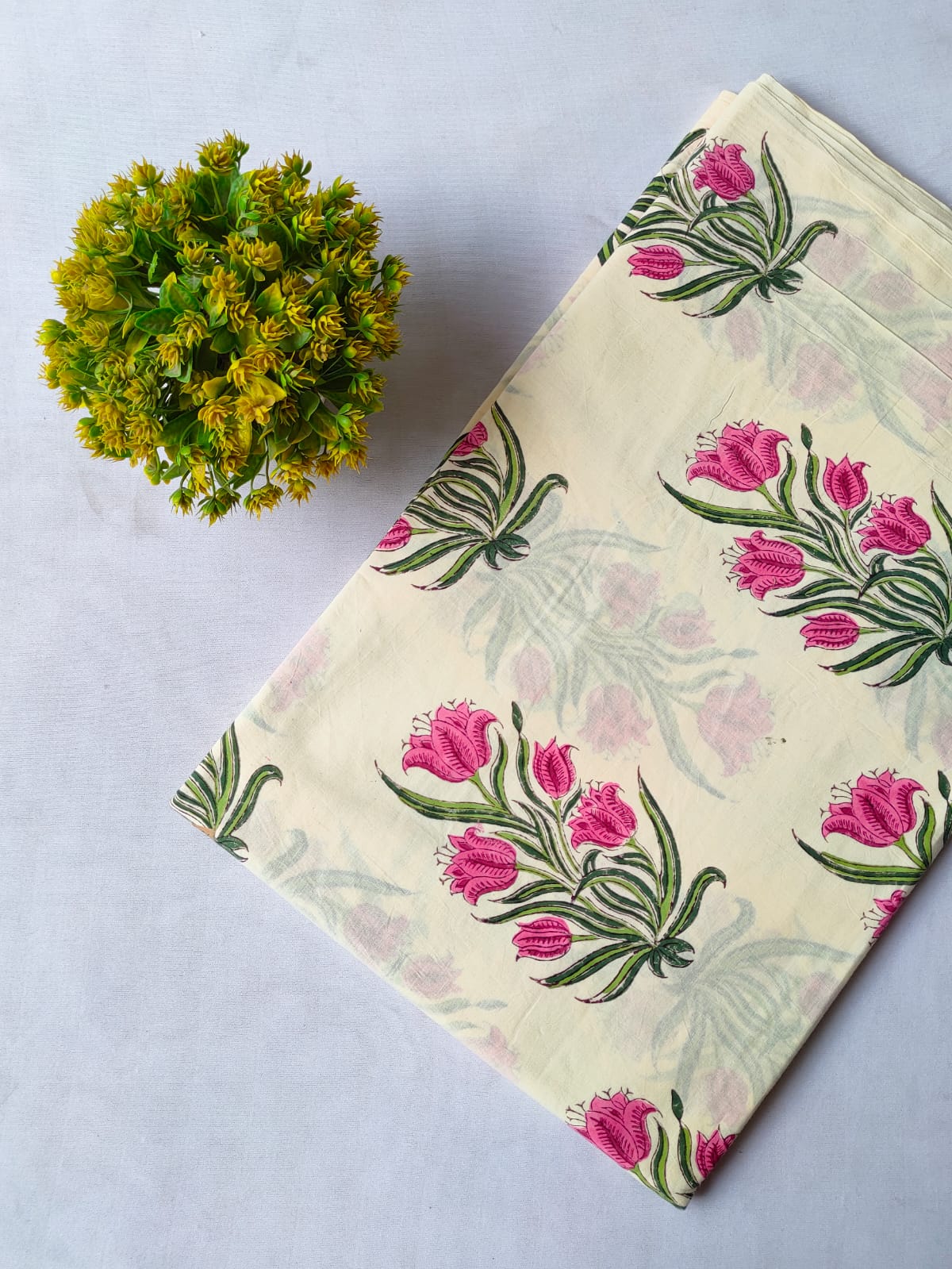 Off White Tulip Motif Screen Print Pure Cotton Fabric From Tulsi Prints