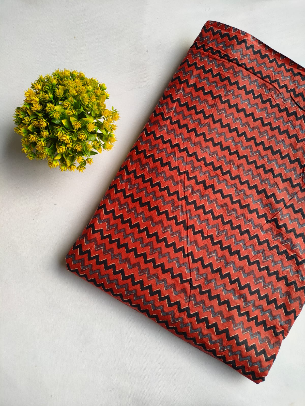 Red Zigzag Screen Print Pure Cotton Fabric From Tulsi Prints