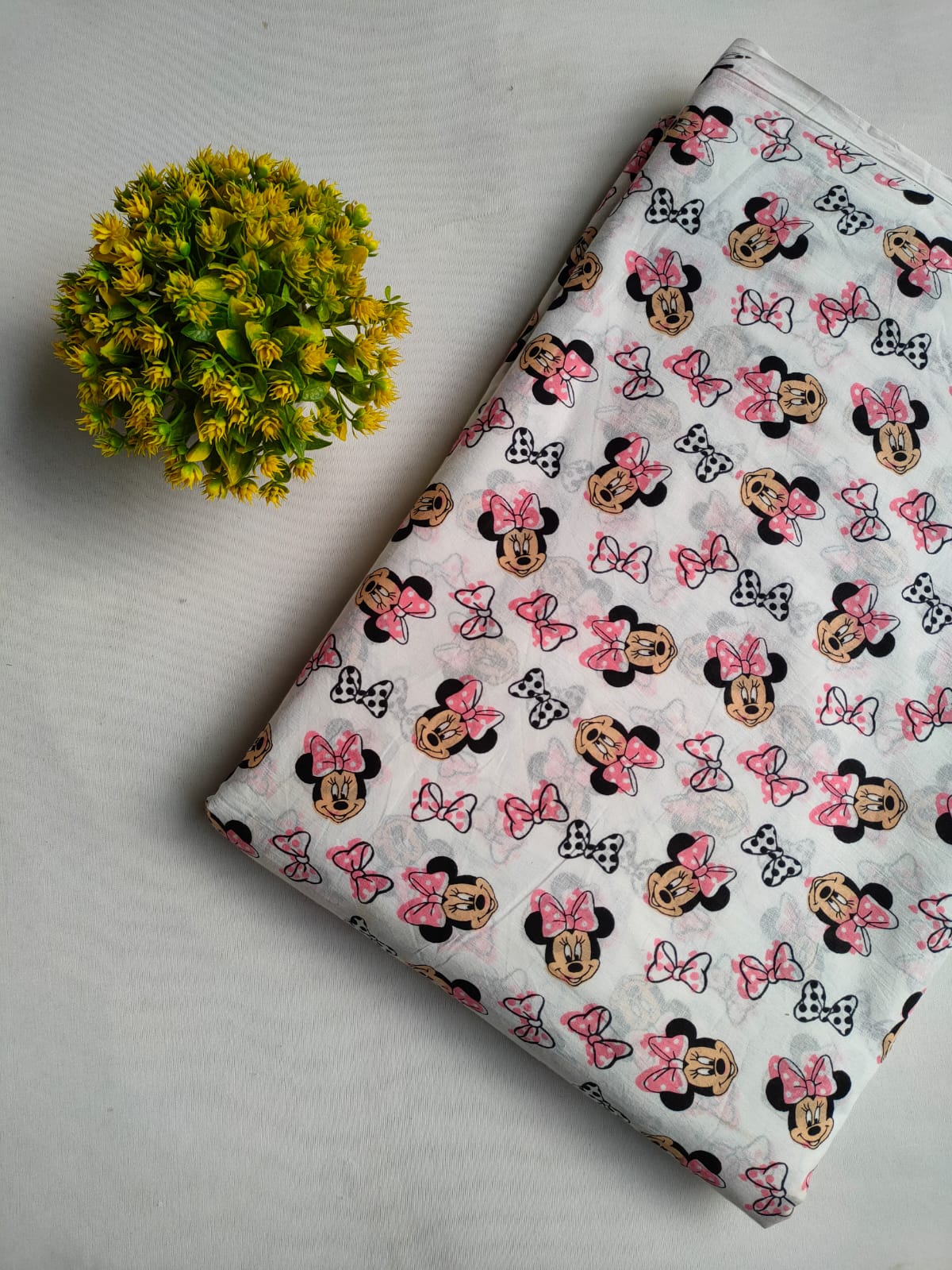 White Minnie Mouse Print Screen Print Pure Cotton Fabric From Tulsi Prints