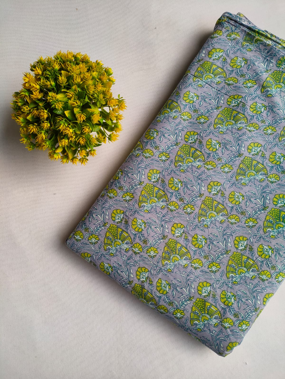 Light Grey Floral Screen Print Pure Cotton Fabric From Tulsi Prints