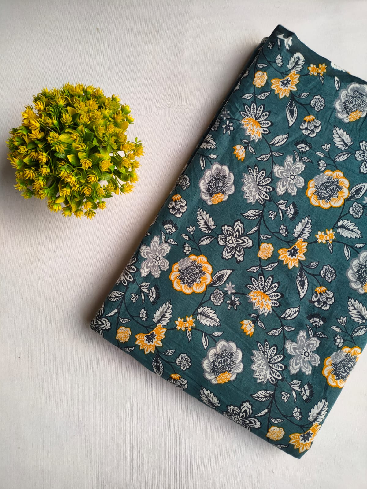 Teal Floral Screen Print Pure Cotton Fabric From Tulsi Prints