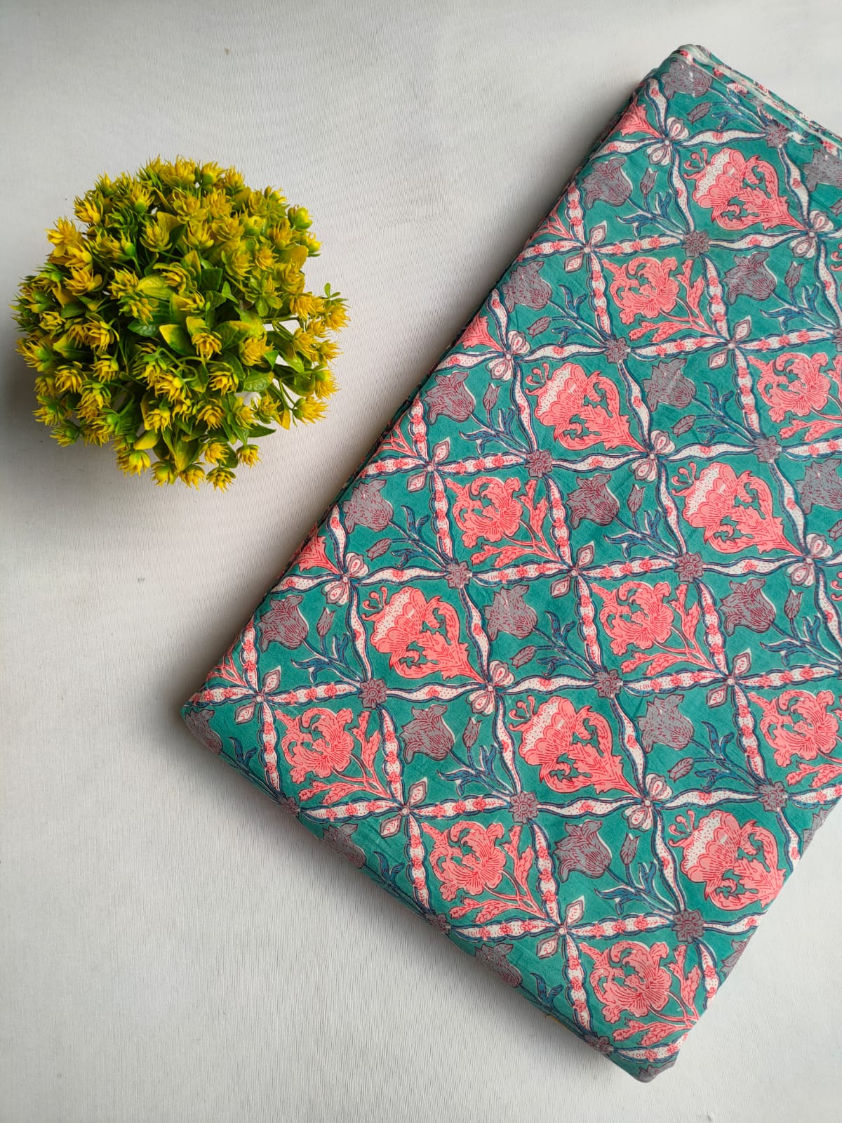 Teal Floral Screen Print Pure Cotton Fabric From Tulsi Prints