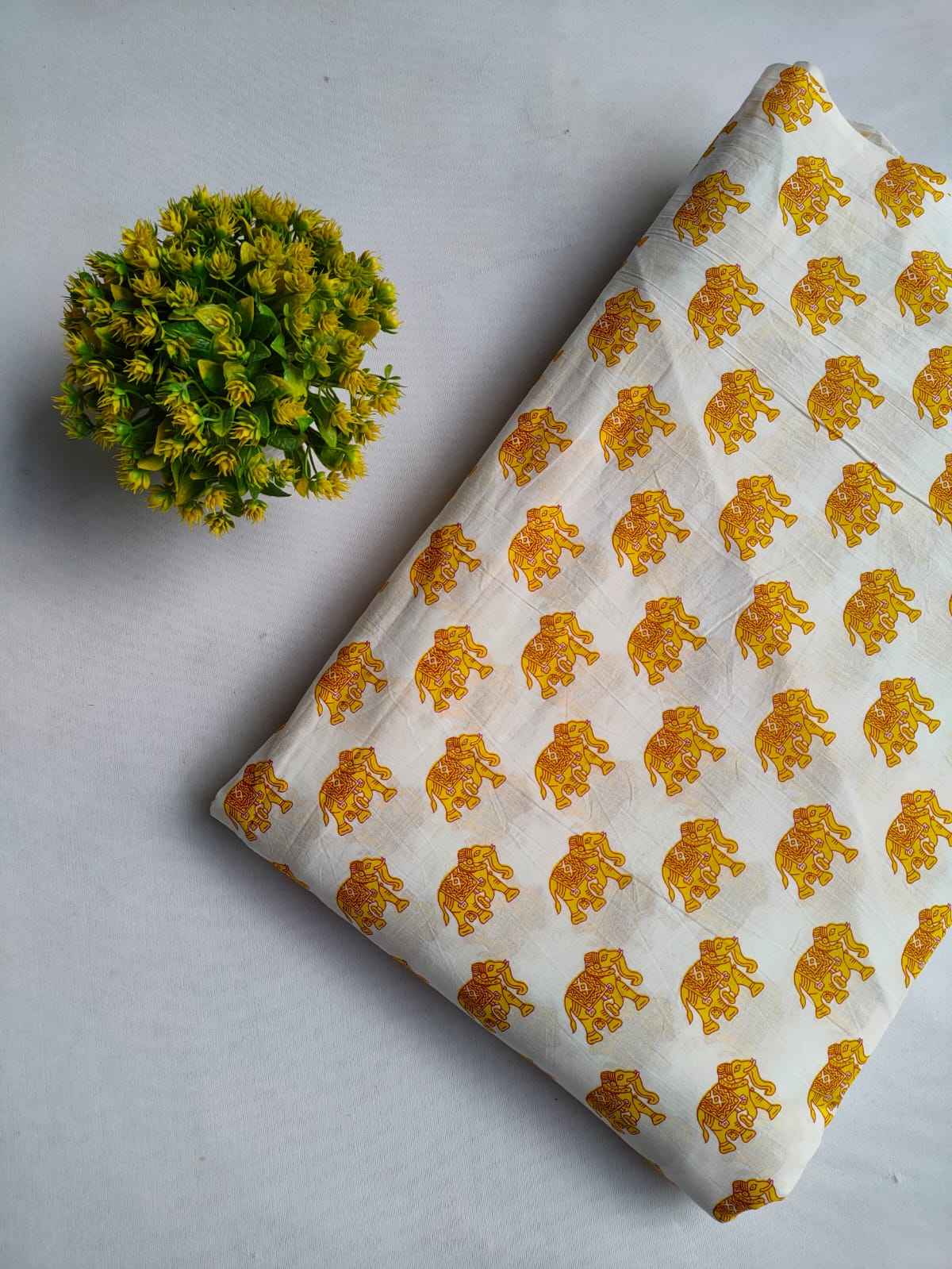 White Elephant Motif Screen Print Pure Cotton Fabric From Tulsi Prints