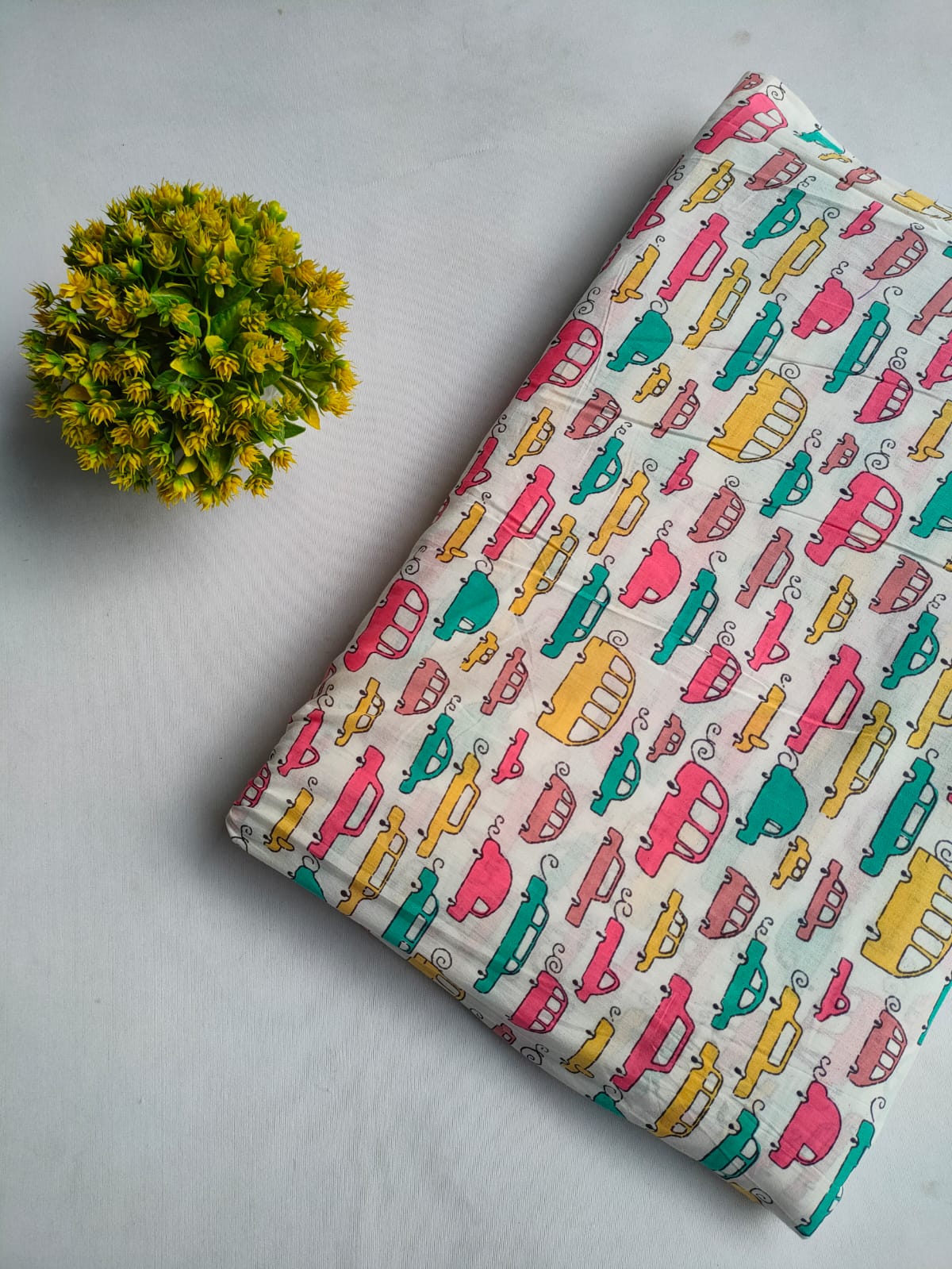 Multi-Colored Car Motif Screen Print Pure Cotton Fabric From Tulsi Prints