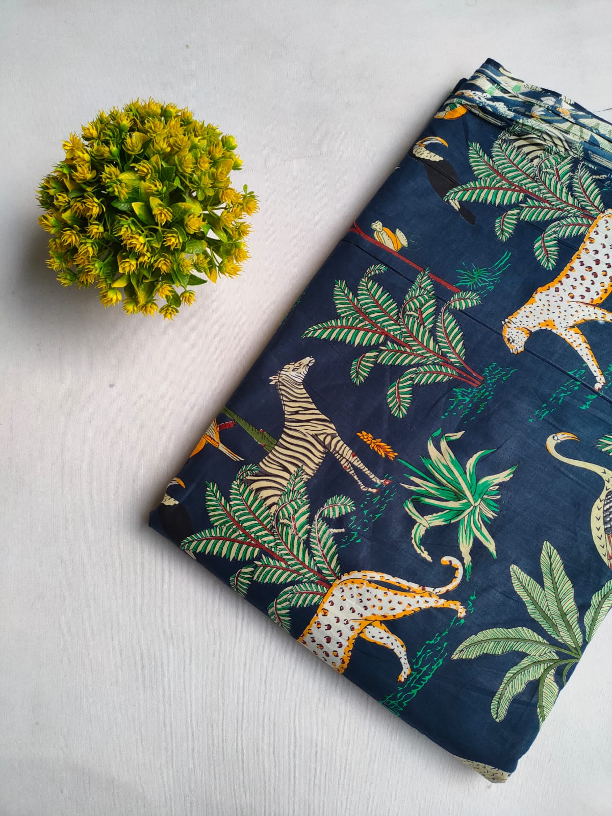 Navy Blue Animal Motif Screen Print Pure Cotton Fabric From Tulsi Prints