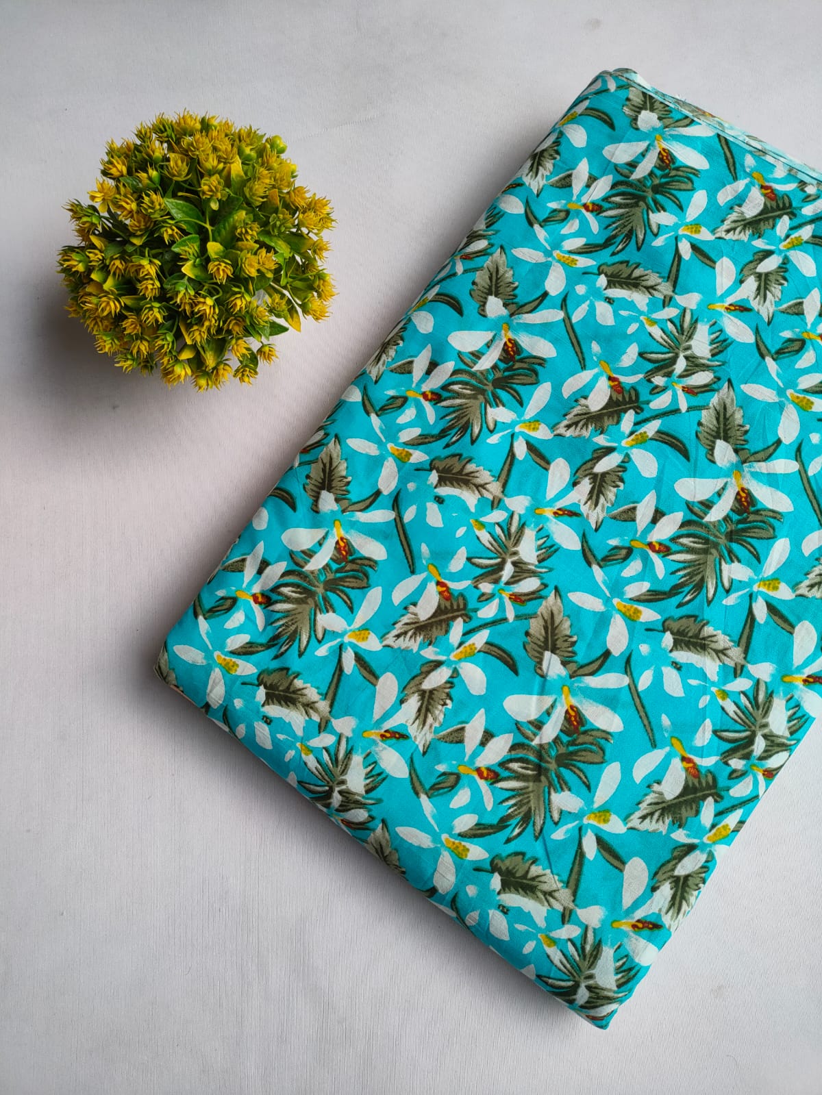 Turquoise Floral Leaf Screen Print Pure Cotton Fabric From Tulsi Prints