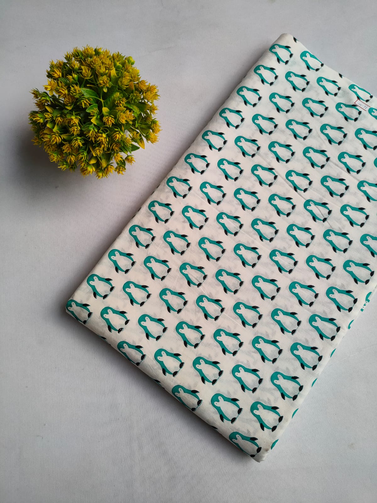 White Penguin Print Screen Print Pure Cotton Fabric From Tulsi Prints