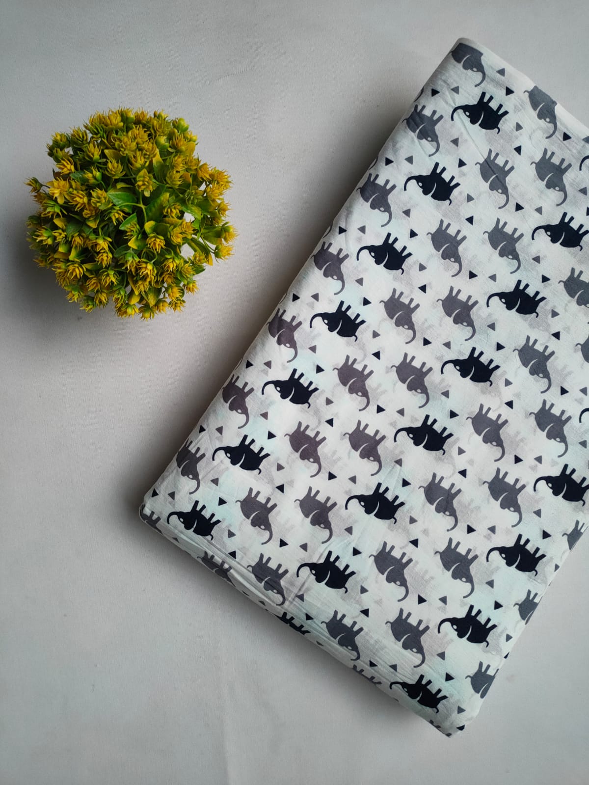 Grey Elephant Motif Screen Print Pure Cotton Fabric From Tulsi Prints