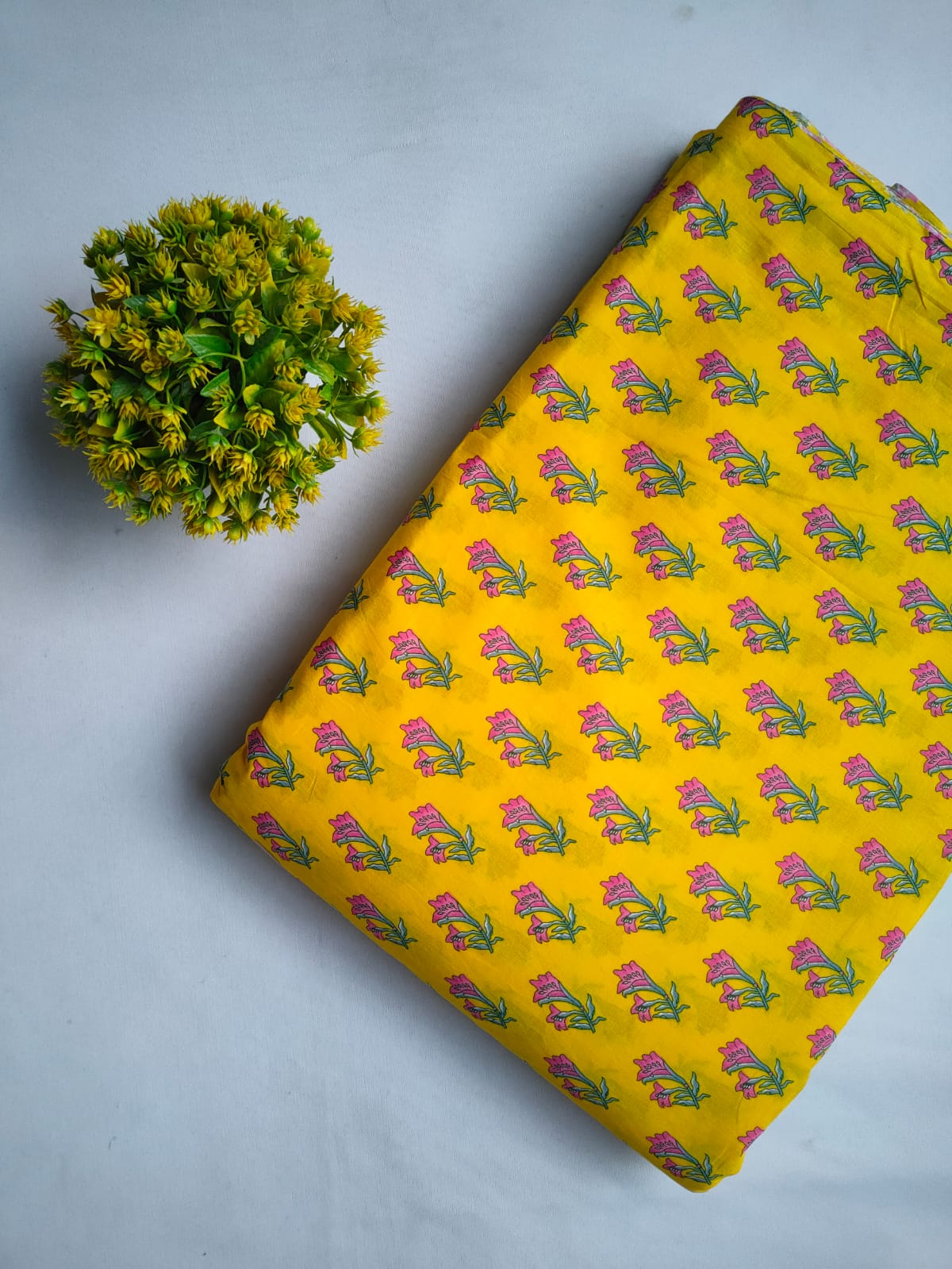 Yellow Floral Screen Print Pure Cotton Fabric From Tulsi Prints