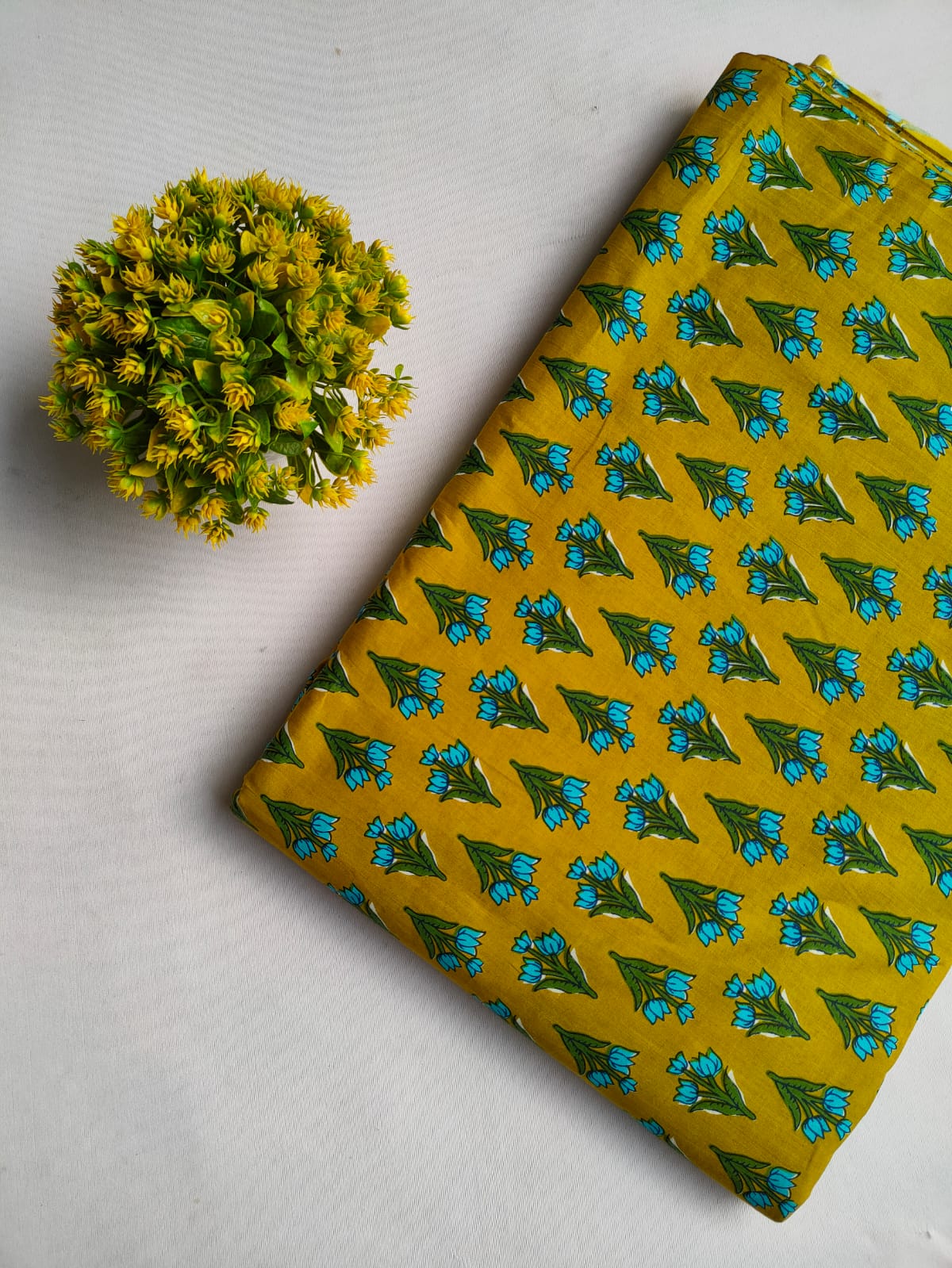 Mustard Yellow Floral Screen Print Pure Cotton Fabric From Tulsi Prints
