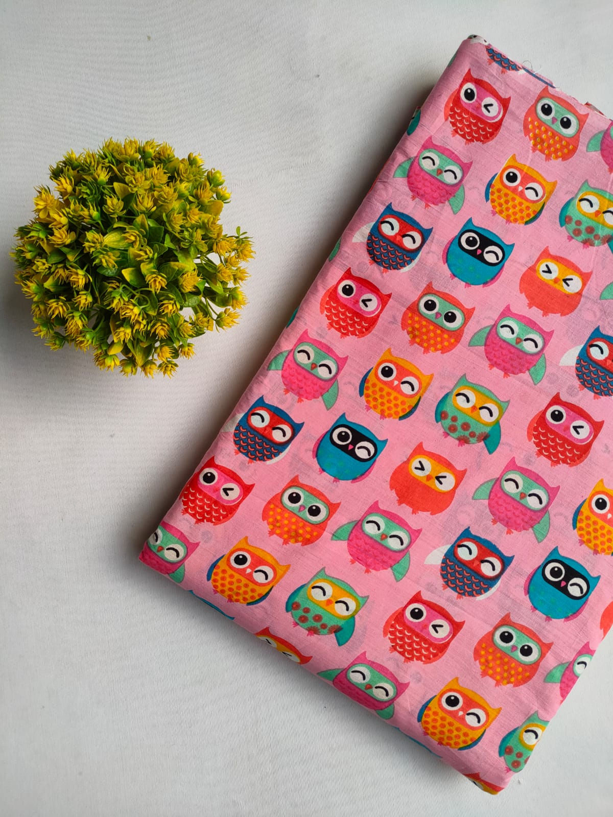 Pink Owl Print Screen Print Pure Cotton Fabric From Tulsi Prints