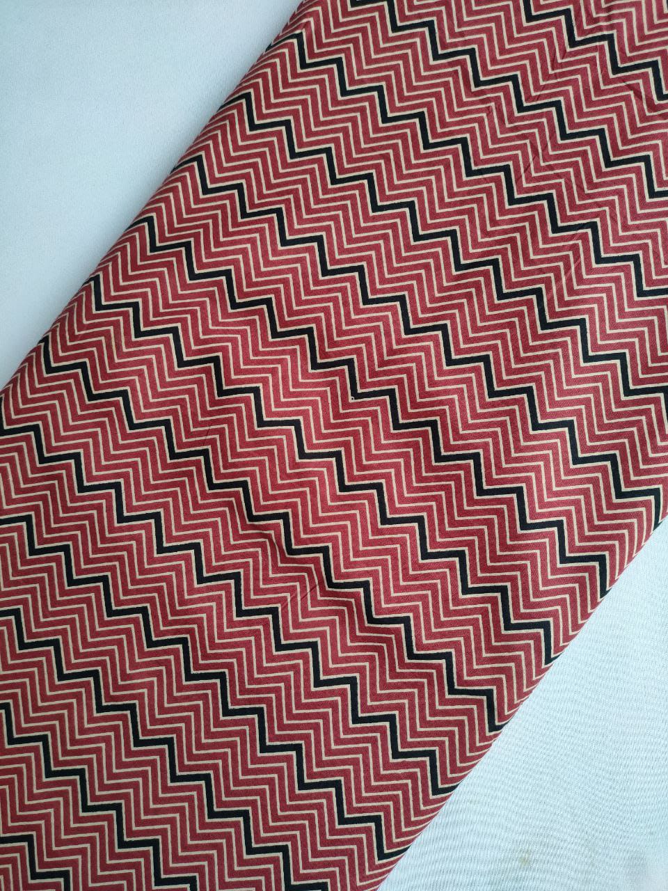 Red Black Chevron Zigzag Screen Print Pure Cotton Fabric From Tulsi Prints
