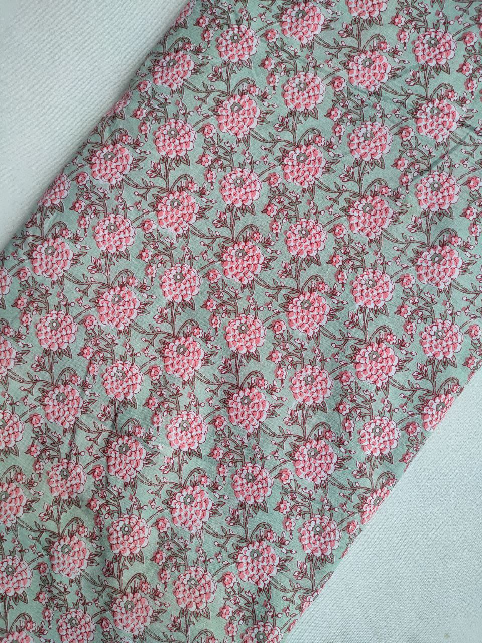 Mint Green Floral Vine Screen Print Pure Cotton Fabric From Tulsi Prints