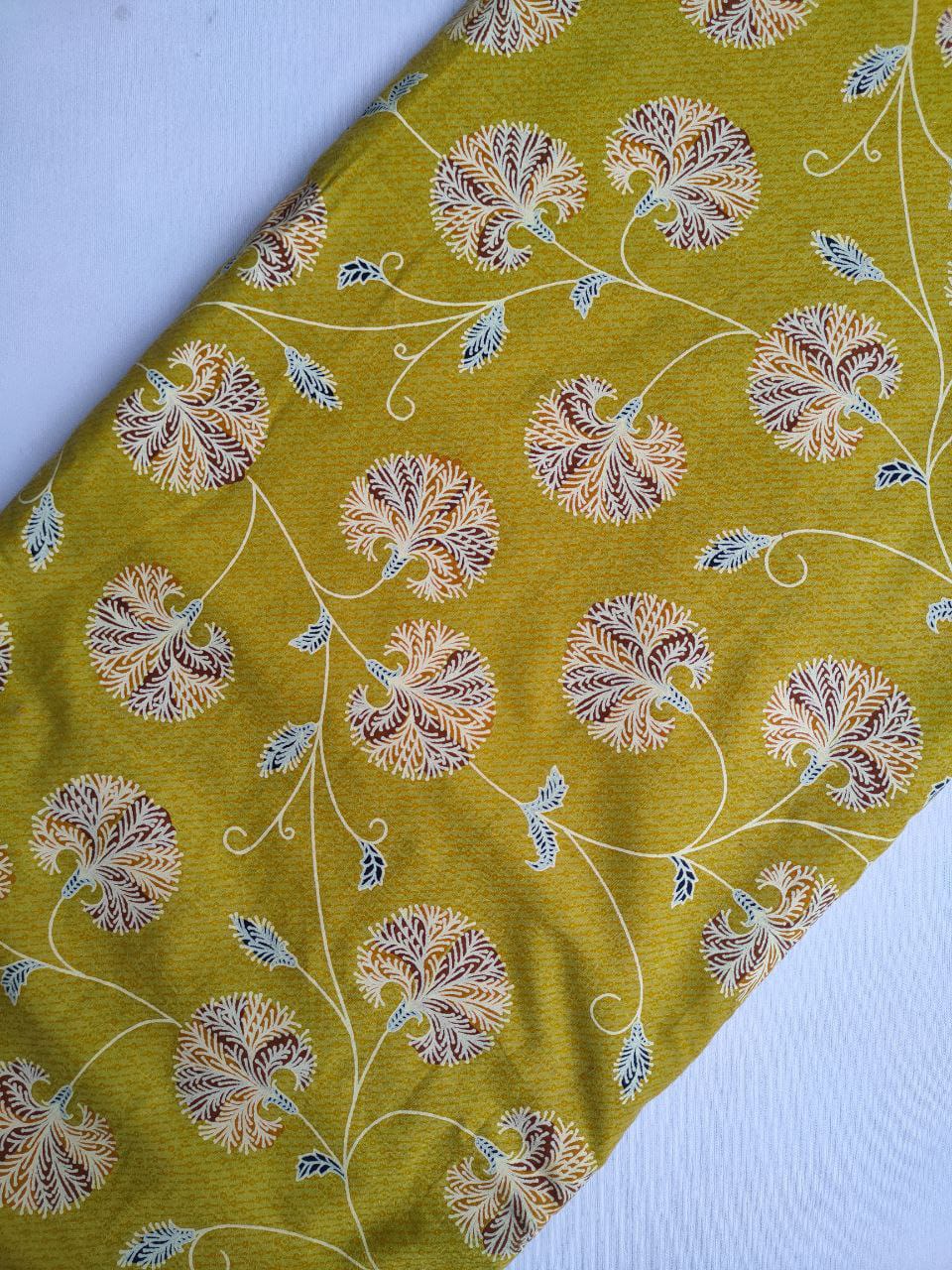 Mustard Yellow Floral Vine Screen Print Pure Cotton Fabric From Tulsi Prints