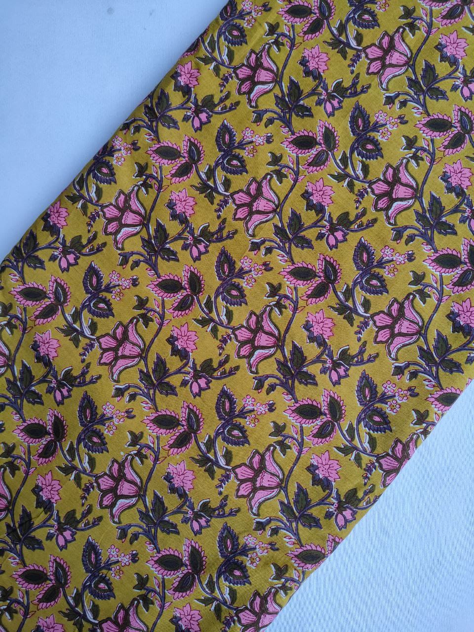 Mustard Yellow Floral Vine Screen Print Pure Cotton Fabric From Tulsi Prints