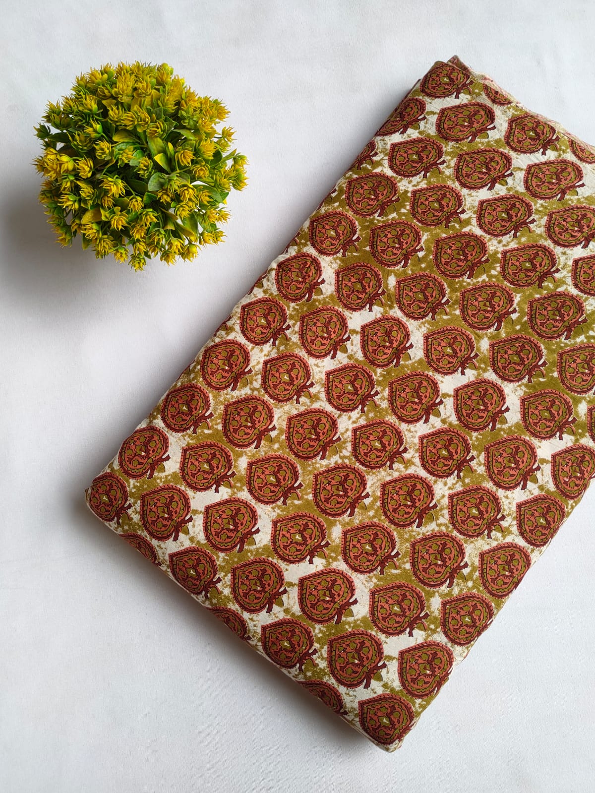 Olive Green and Rust Mango Paisley Screen Print Pure Cotton Fabric From Tulsi Prints