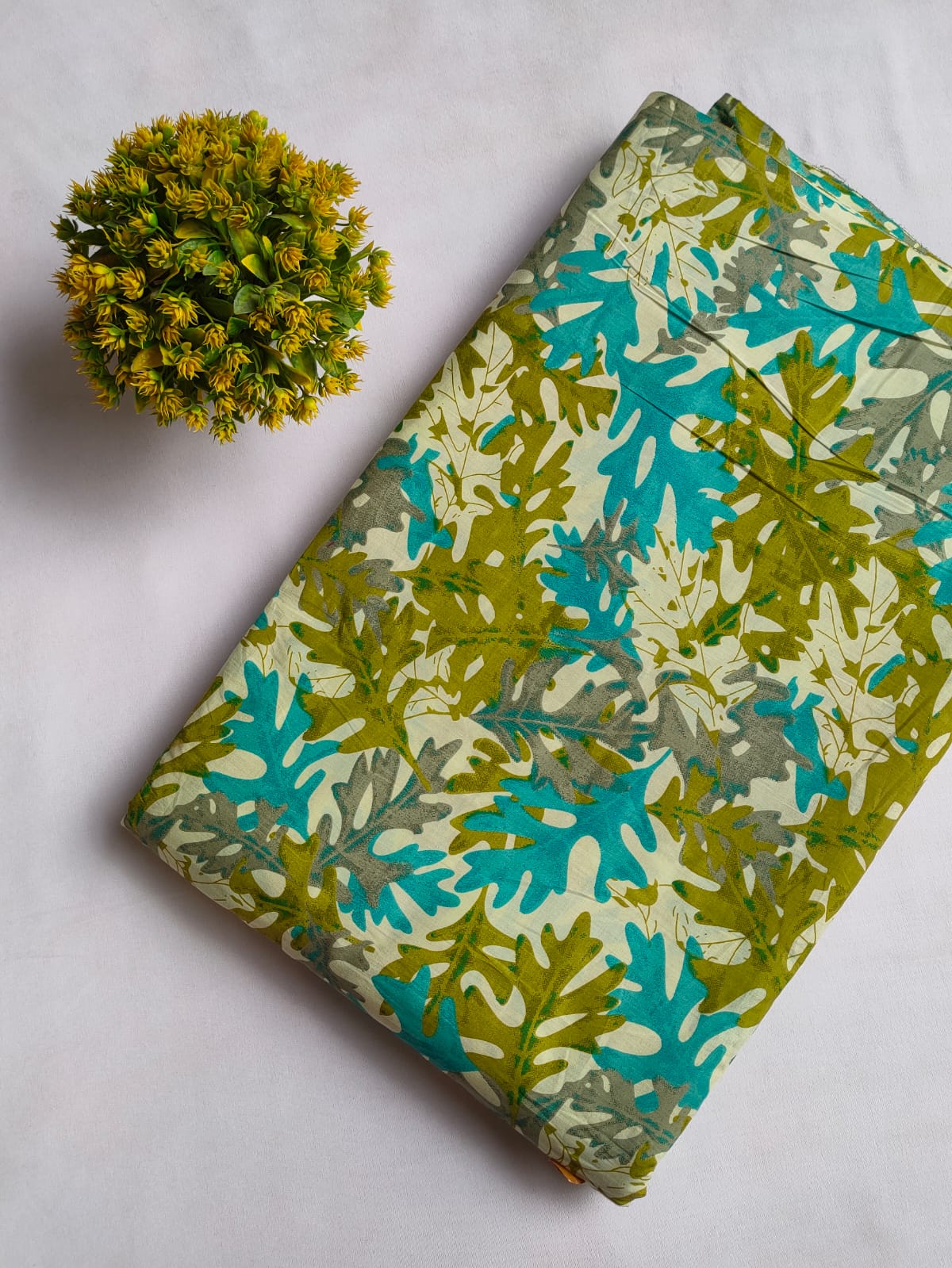 Olive Green And Turquoise Leaf Botanical Screen Print Pure Cotton Fabric From Tulsi Prints