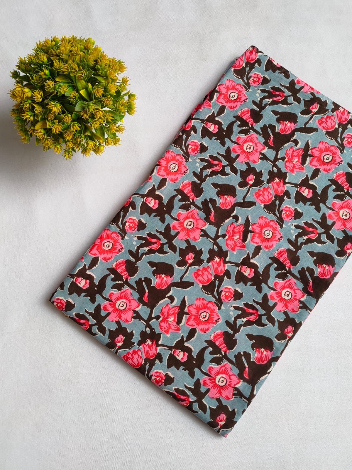 Grey Pink Floral Vine Screen Print Pure Cotton Fabric From Tulsi Prints