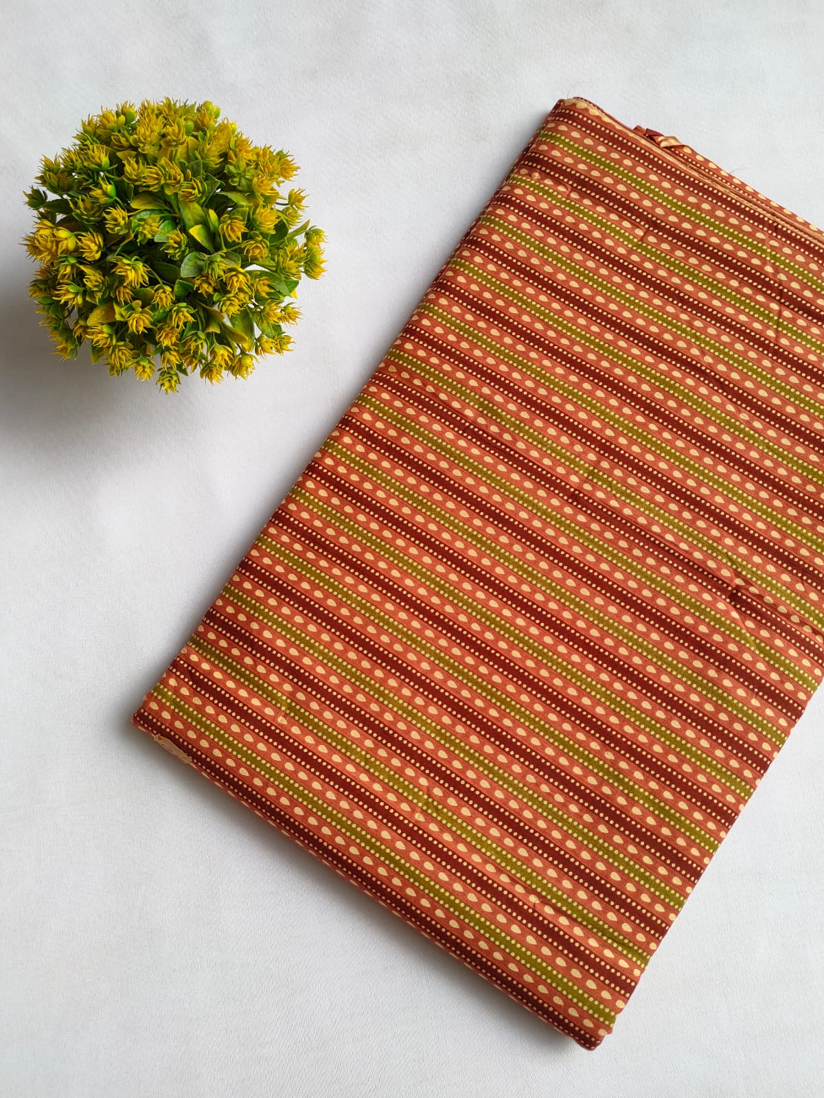 Rust Orange And Olive Green Striped Screen Print Pure Cotton Fabric From Tulsi Prints