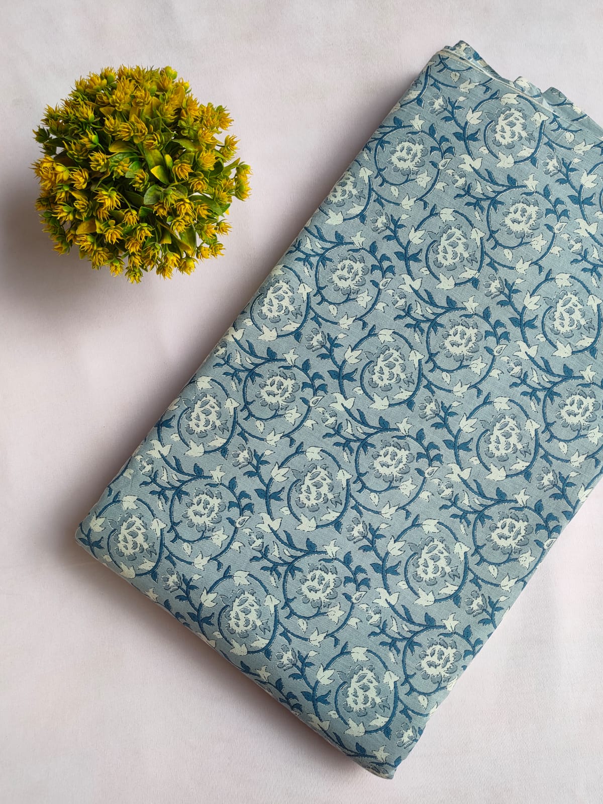 Dusty Blue Floral Vine Screen Print Pure Cotton Fabric From Tulsi Prints