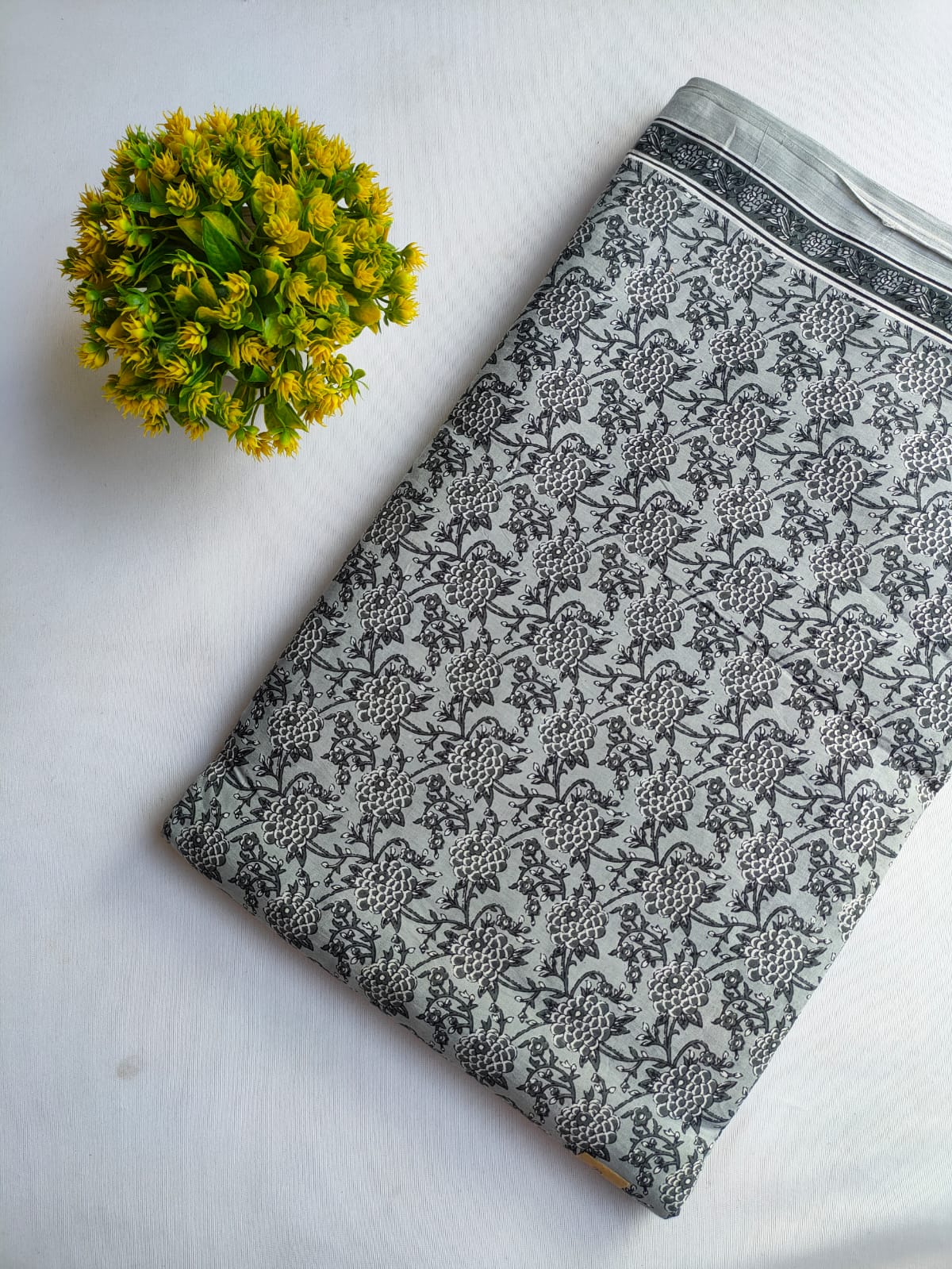 Grey Floral Vine Screen Print Pure Cotton Fabric From Tulsi Prints