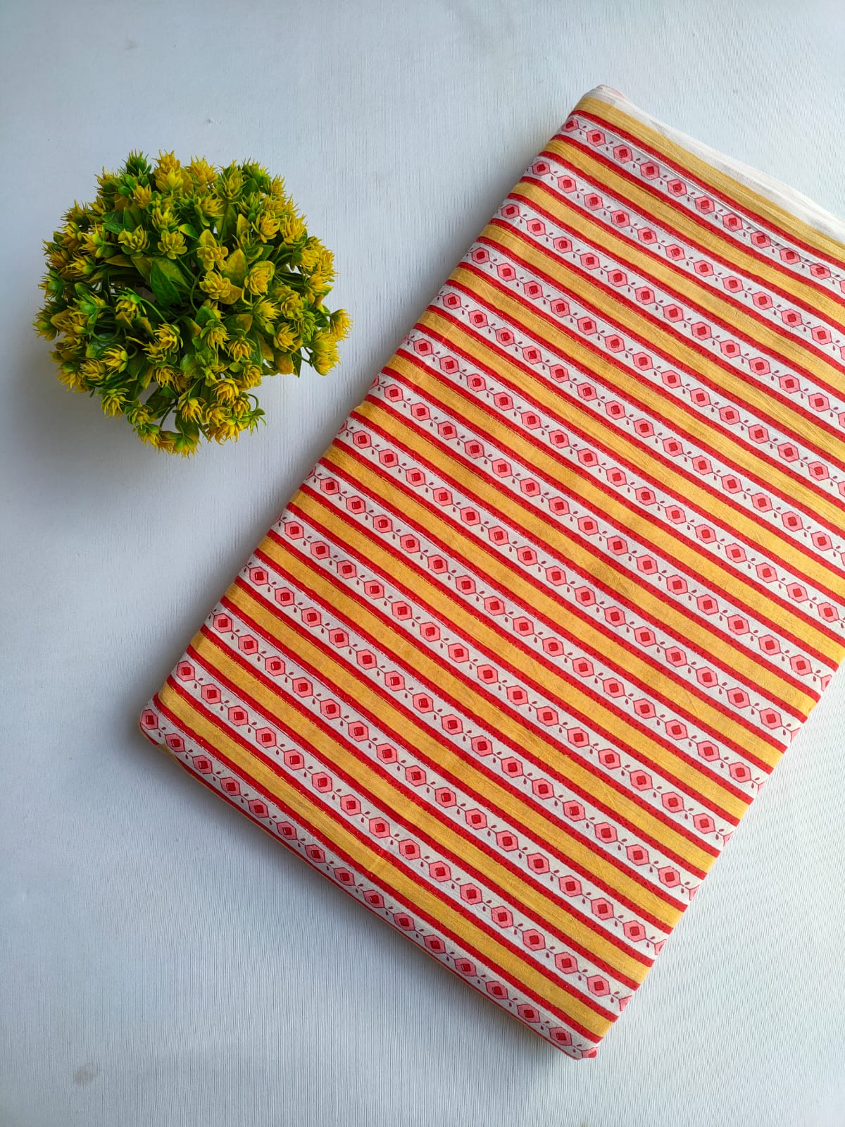 Yellow Striped Geometric Screen Print Pure Cotton Fabric From Tulsi Prints