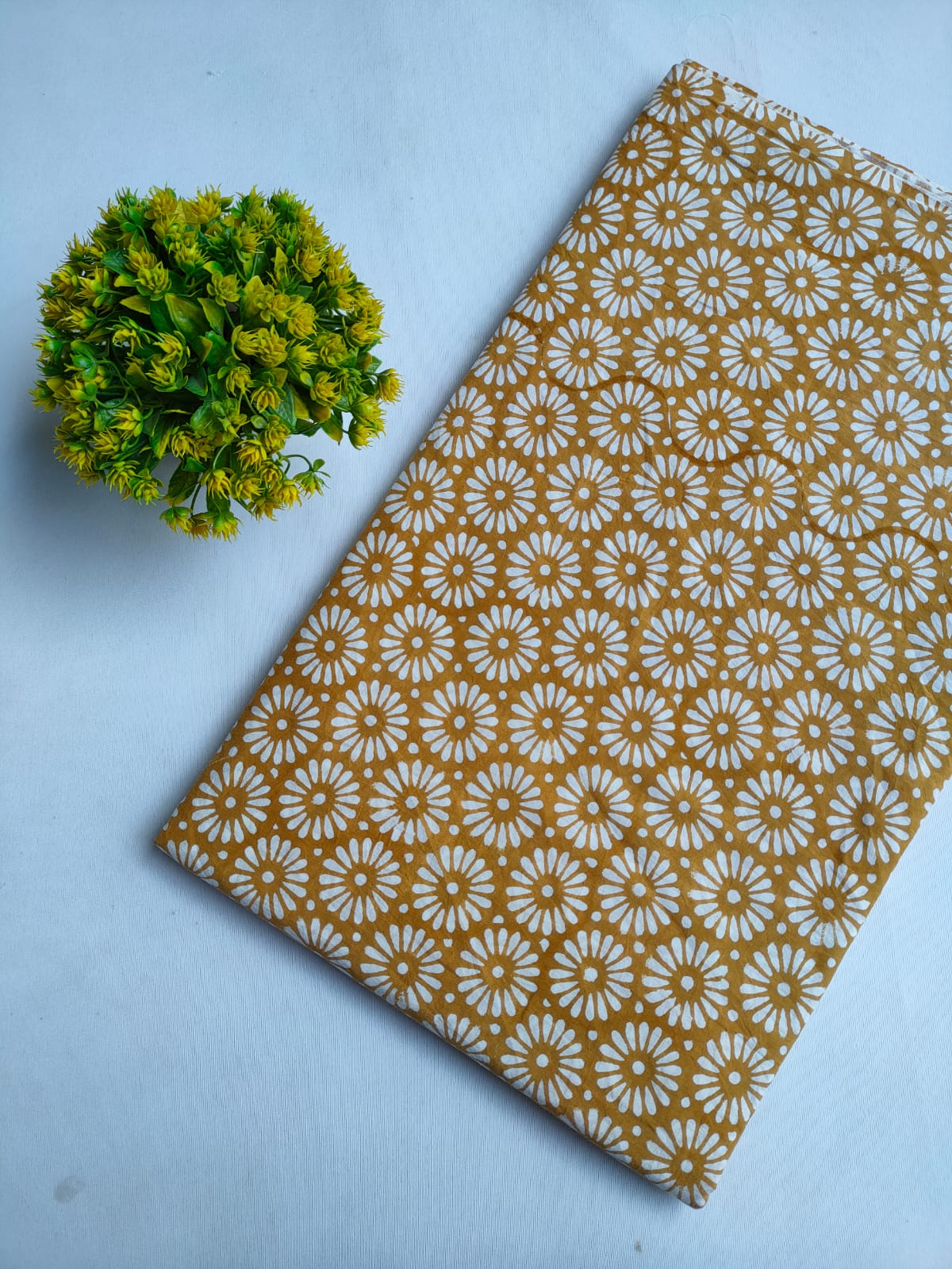 Mustard Yellow Floral Booti Jaipuri Hand Block Print Pure Cotton Fabric From Tulsi Prints