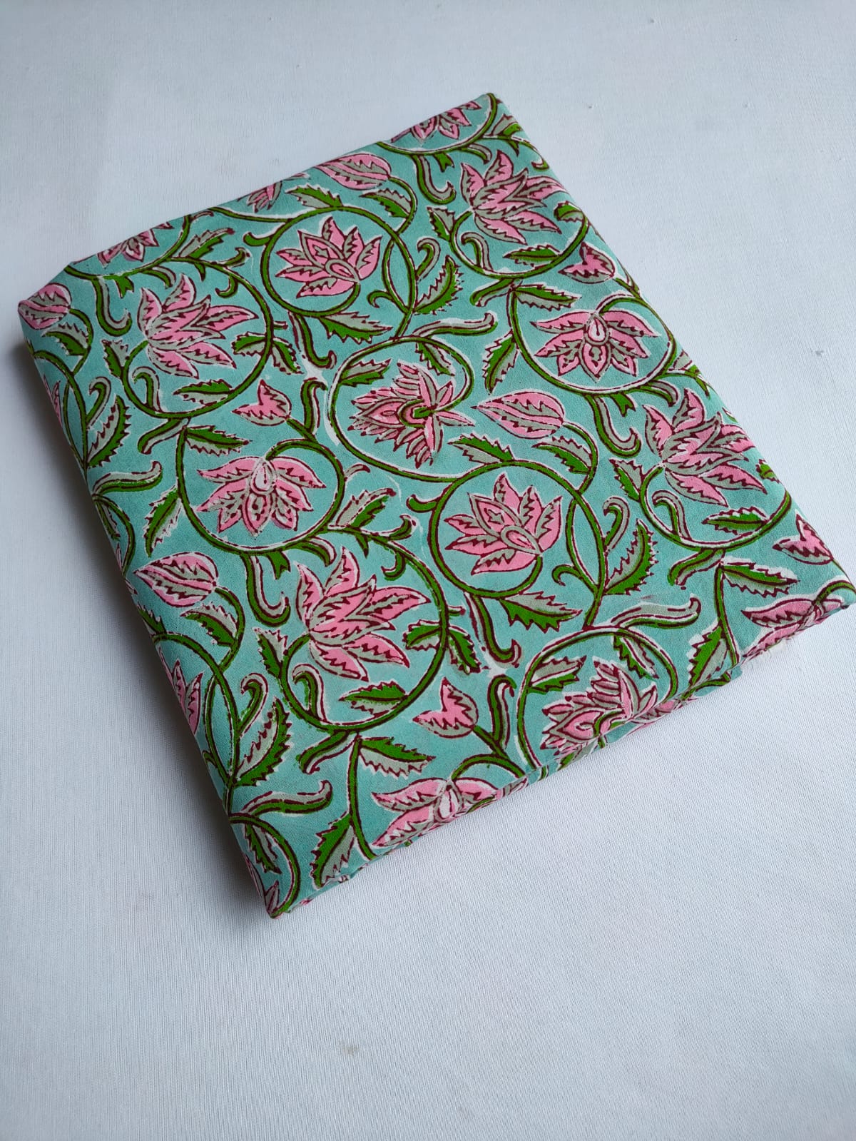 Mint Green Floral Vine Jaipuri Hand Block Print Pure Cotton Fabric From Tulsi Prints