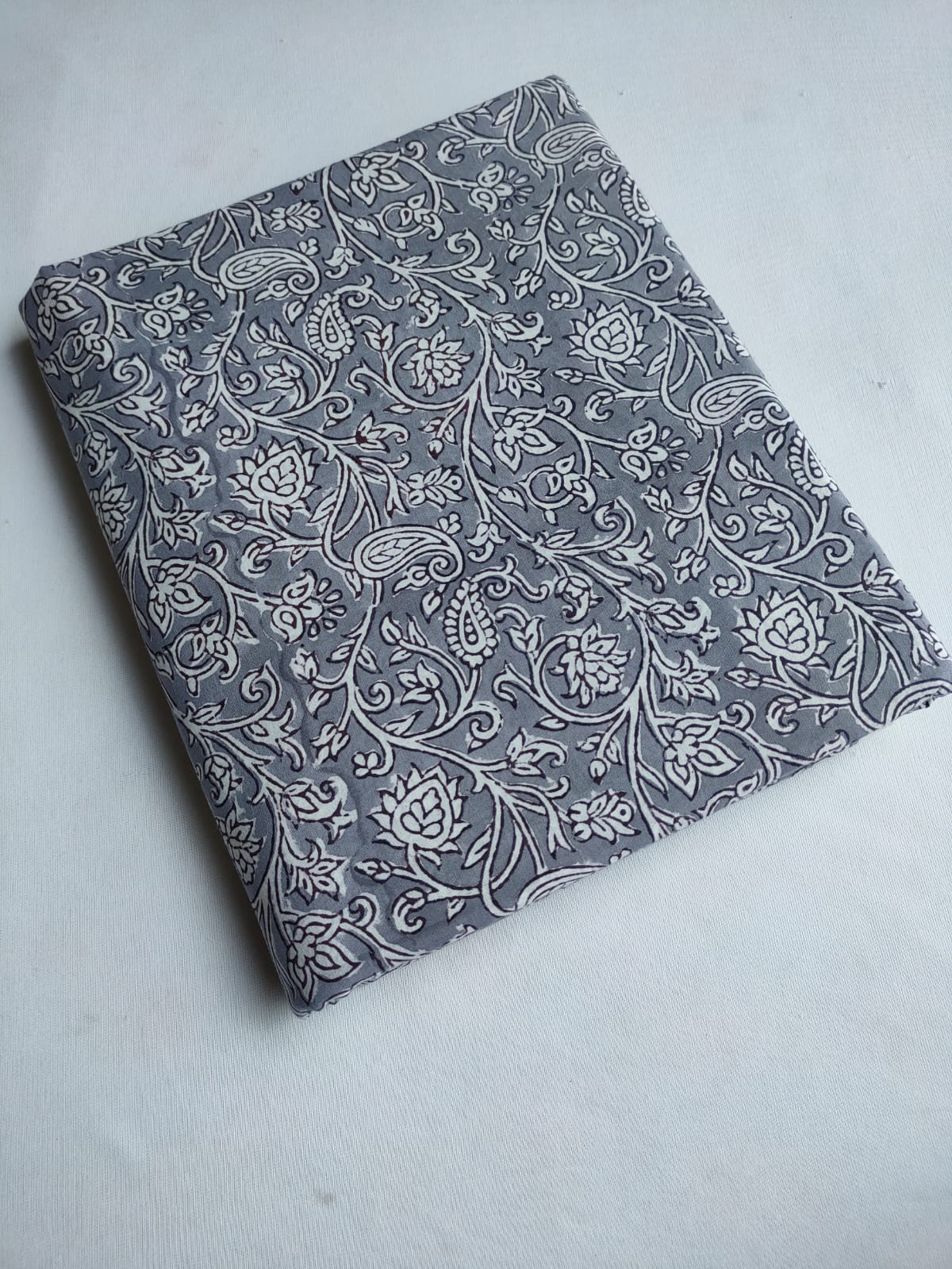 Grey Floral Paisley Jaipuri Block Print Pure Cotton Fabric From Tulsi Prints