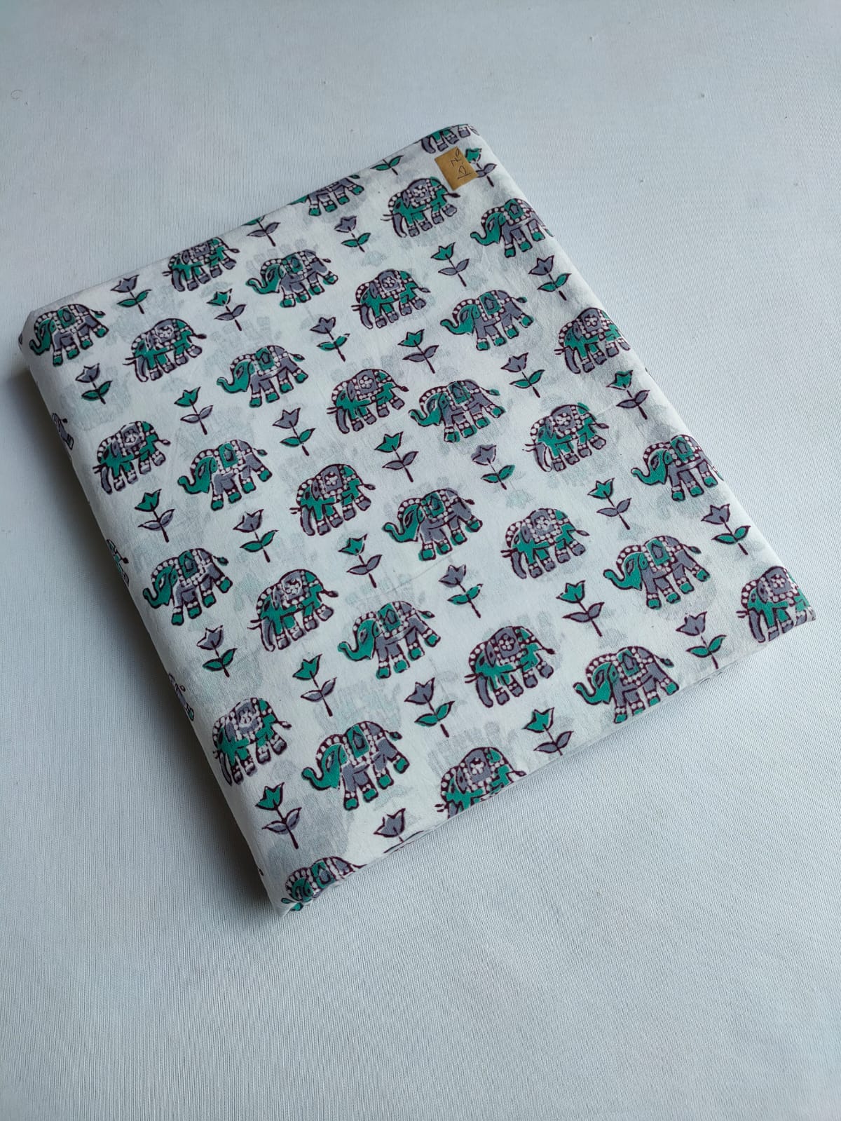 White Elephant Motif Sanganeri Block Print Pure Cotton Fabric From Tulsi Prints