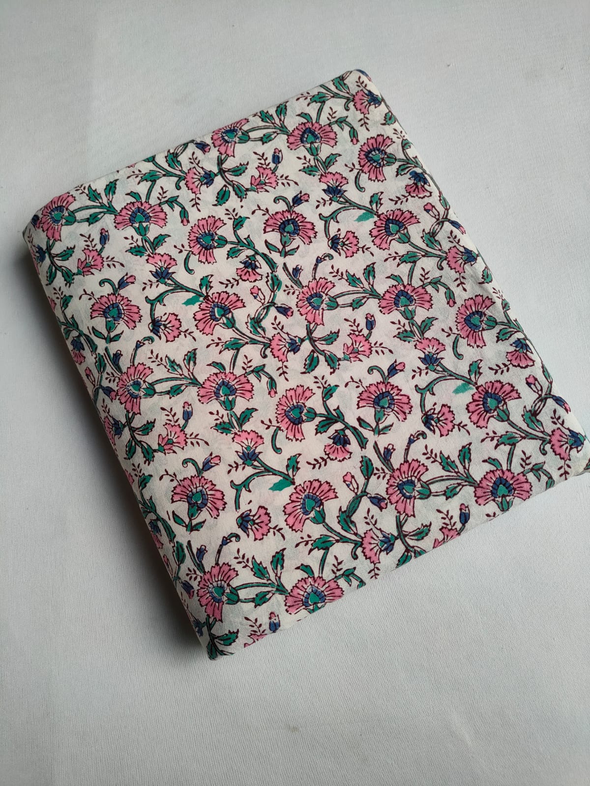 Off White Pink Floral Vine Jaipuri Hand Block Print Pure Cotton Fabric From Tulsi Prints