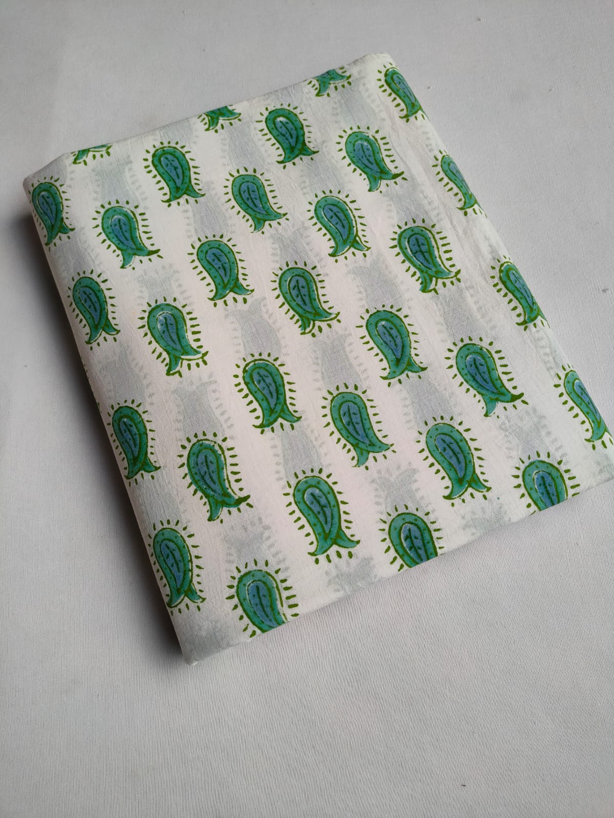 Off White Green Paisley Motif Jaipuri Hand Block Print Pure Cotton Fabric From Tulsi Prints