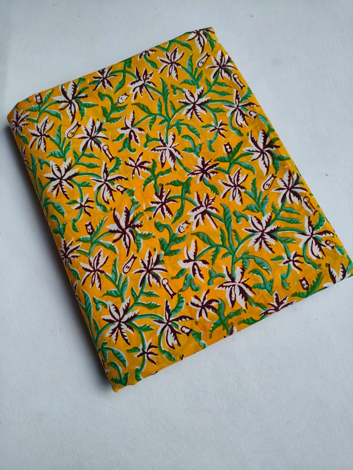 Mustard Yellow Floral Vine Jaipuri Hand Block Print Pure Cotton Fabric From Tulsi Prints