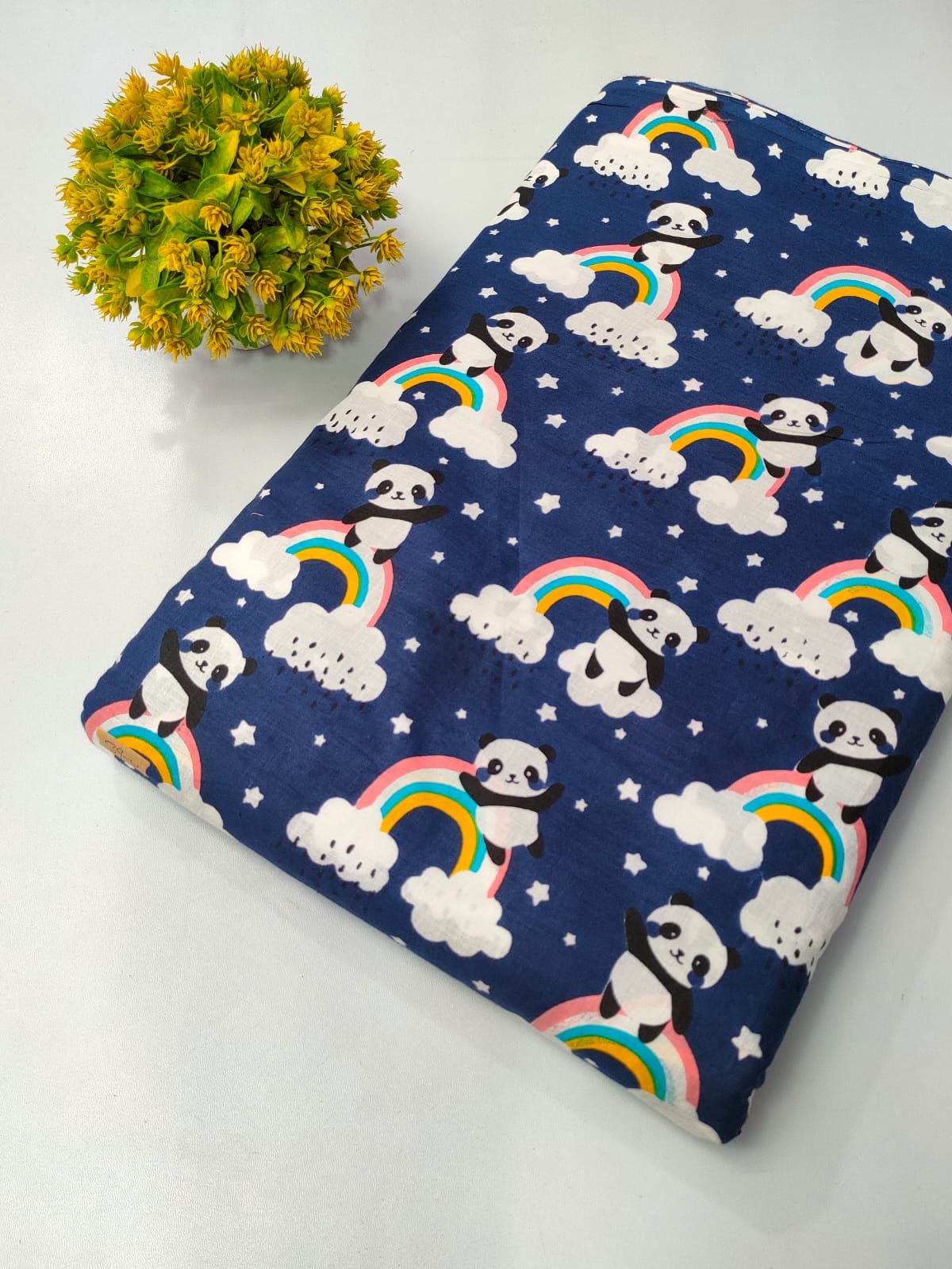 Navy Blue Panda and Rainbow Screen Print Pure Cotton Fabric From Tulsi Prints