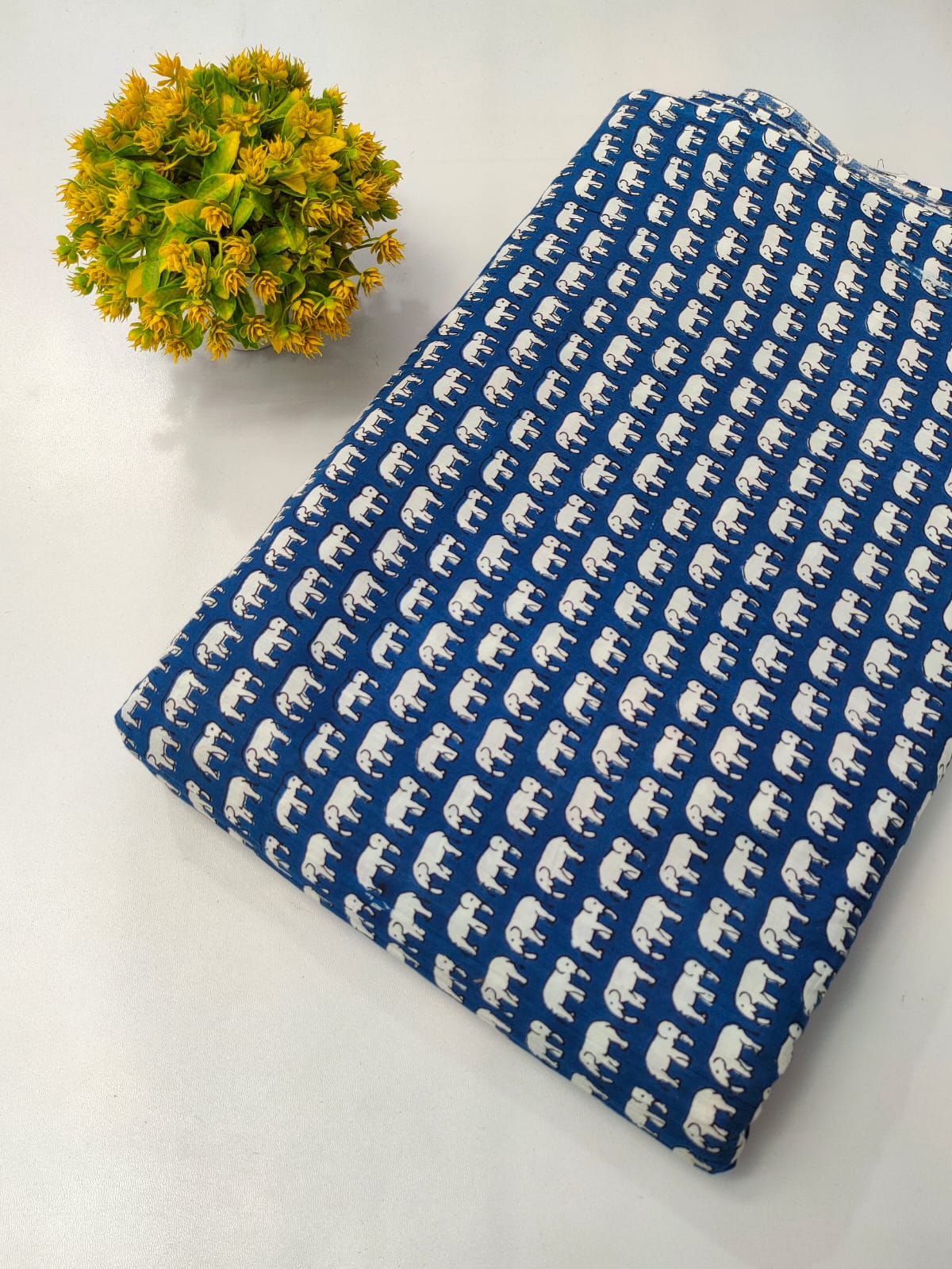 Navy Blue Elephant Motif Screen Print Pure Cotton Fabric From Tulsi Prints