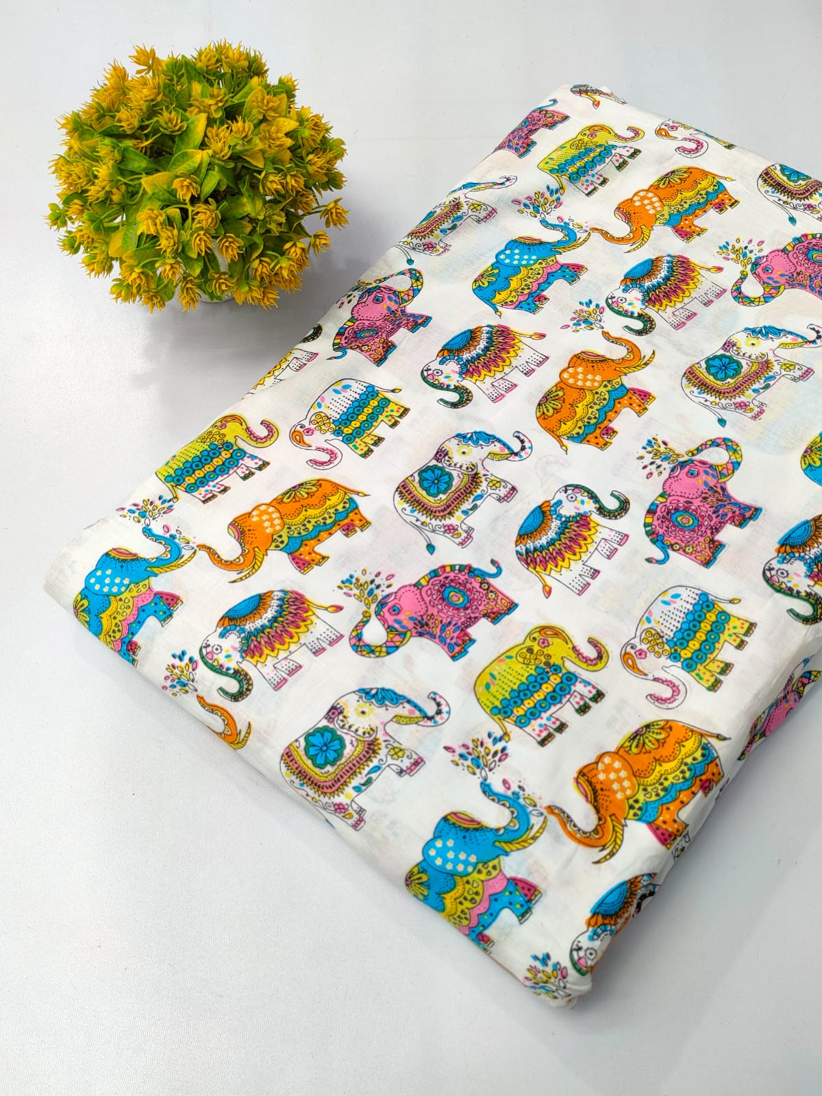 Multicolor Elephant Motif Screen Print Pure Cotton Fabric From Tulsi Prints