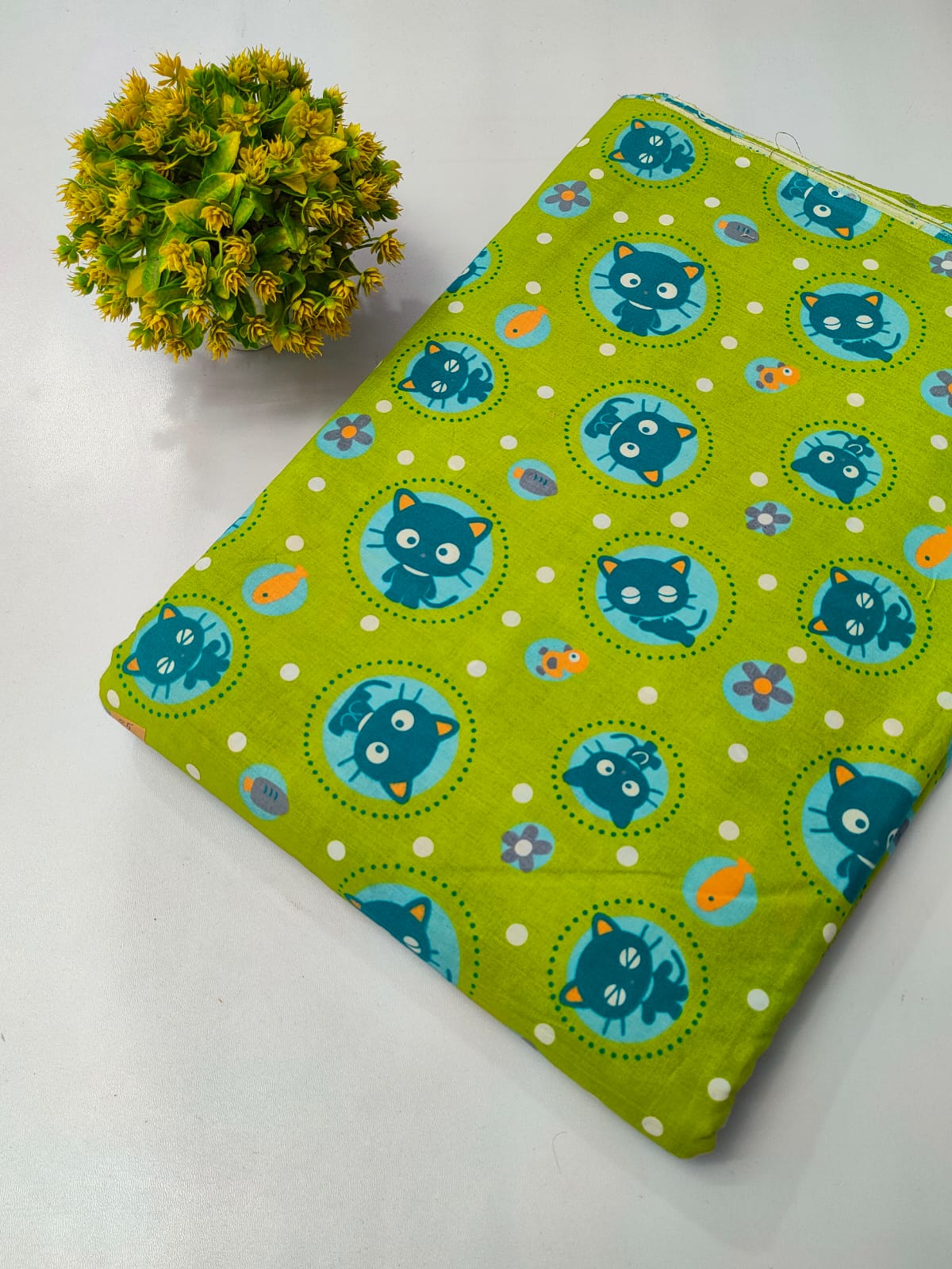 Bright Green Cat Motif Screen Print Pure Cotton Fabric From Tulsi Prints