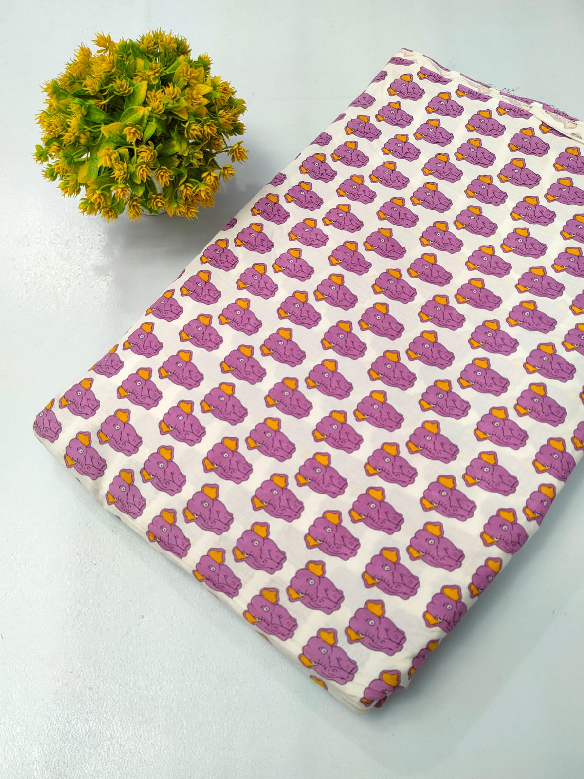 Purple Elephant Motif Screen Print Pure Cotton Fabric From Tulsi Prints