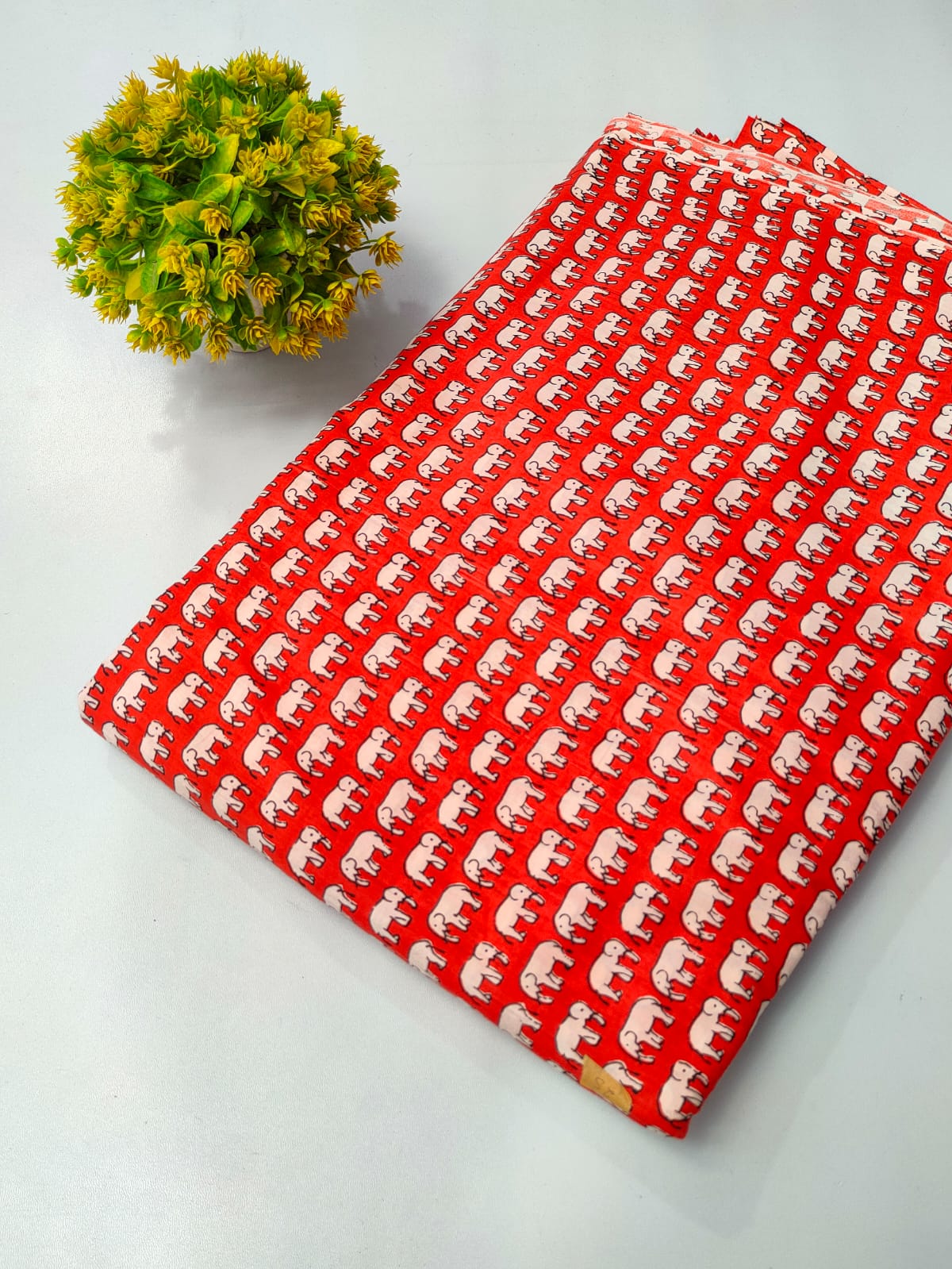 Red Elephant Motif Screen Print Pure Cotton Fabric From Tulsi Prints
