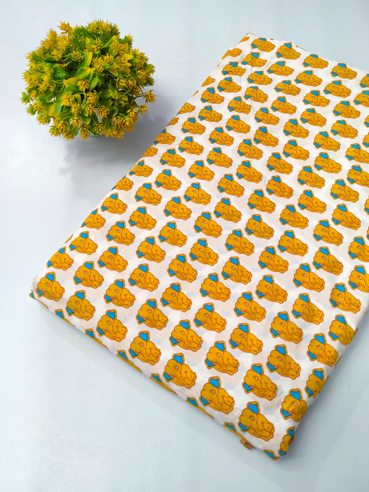 Yellow Ganesha Motif Screen Print Pure Cotton Fabric From Tulsi Prints