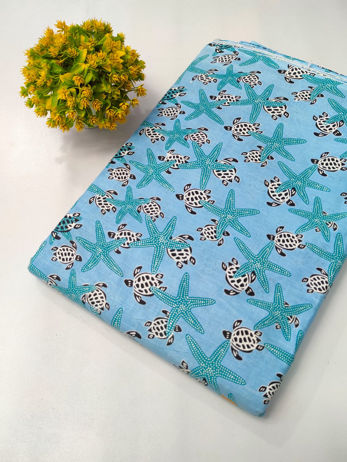Sky Blue Starfish and Turtle Screen Print Pure Cotton Fabric From Tulsi Prints