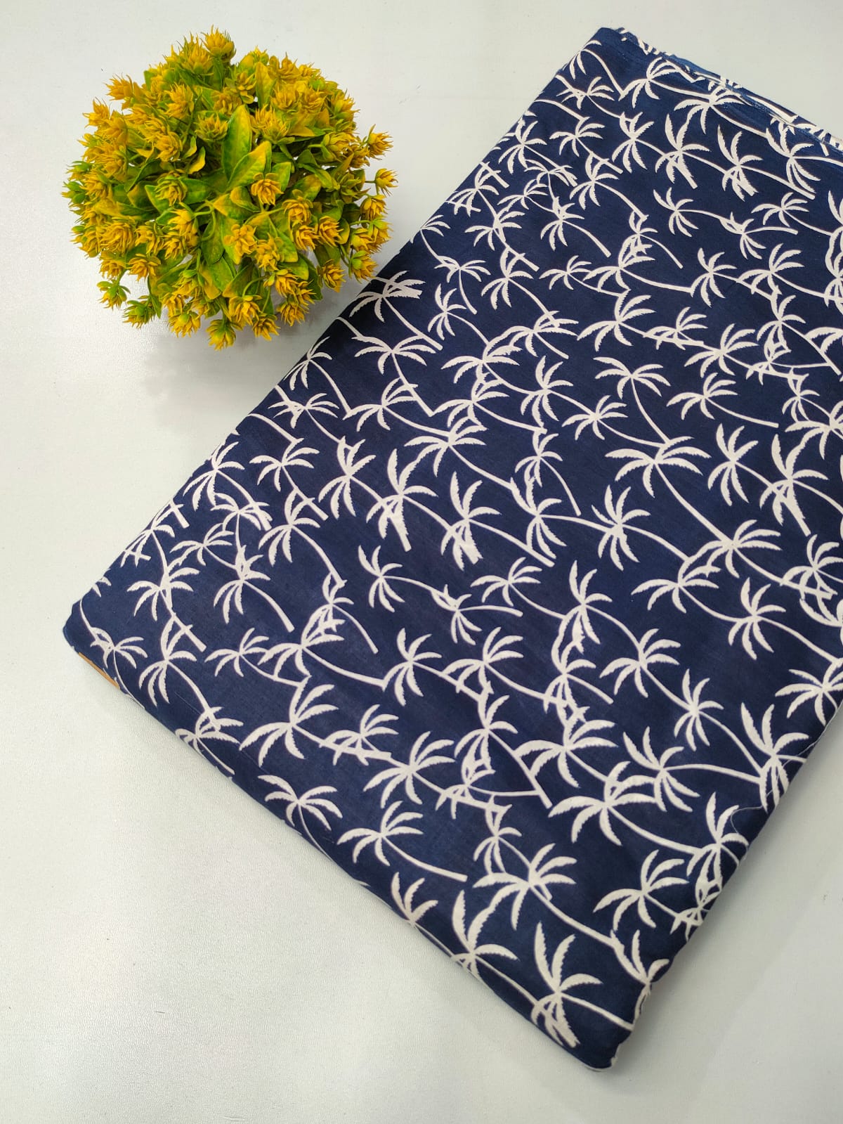 Navy Blue Palm Tree Screen Print Pure Cotton Fabric From Tulsi Prints