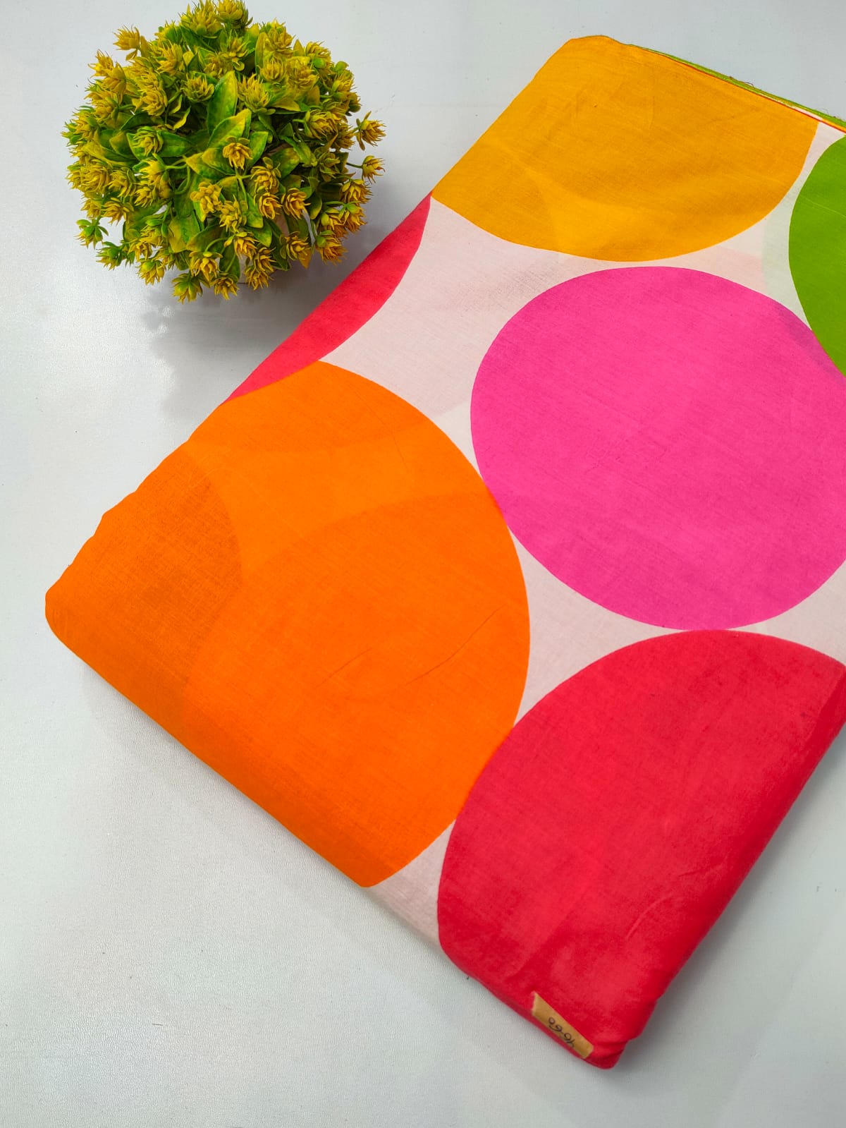 Bright Orange and Pink Polka Dot Screen Print Pure Cotton Fabric From Tulsi Prints