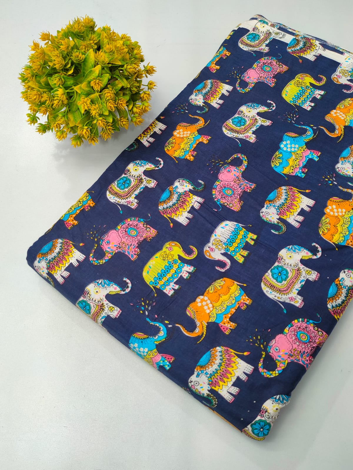 Navy Blue Elephant Motif Screen Print Pure Cotton Fabric From Tulsi Prints