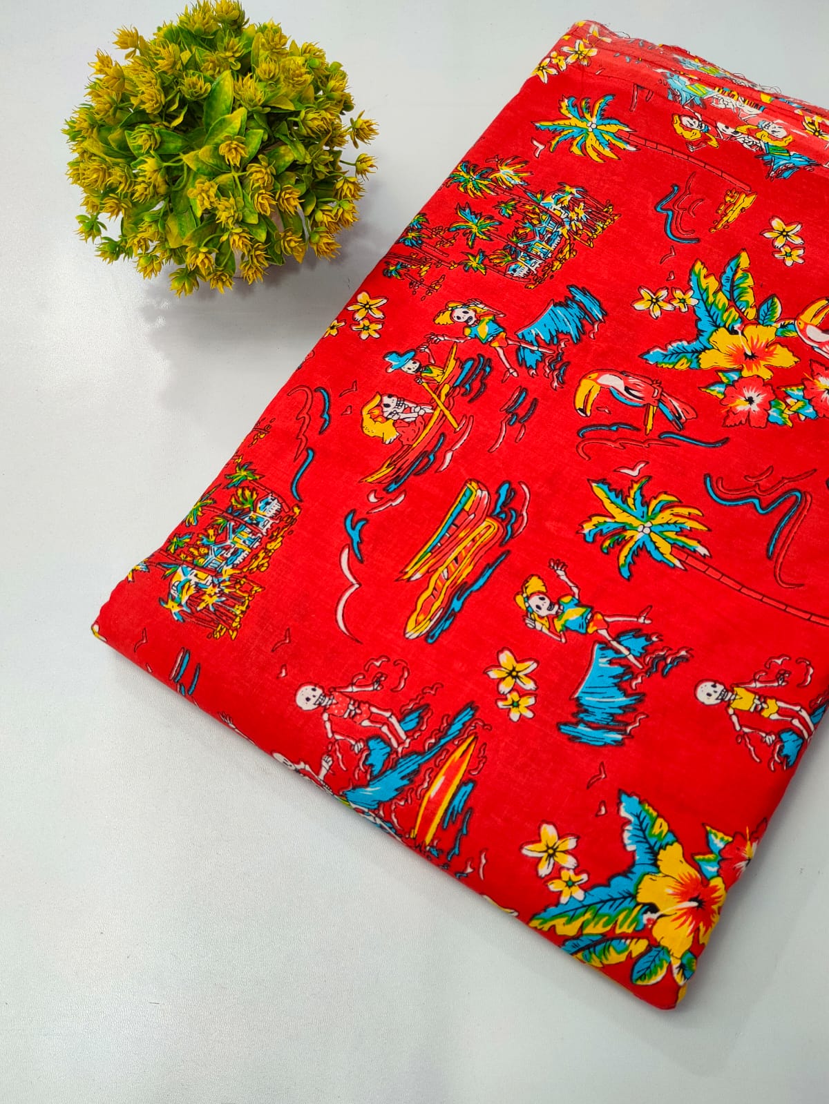 Red Tropical Scene Screen Print Pure Cotton Fabric From Tulsi Prints