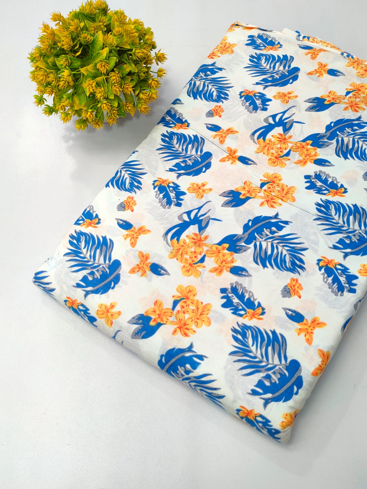 White Floral and Leaf Screen Print Pure Cotton Fabric From Tulsi Prints