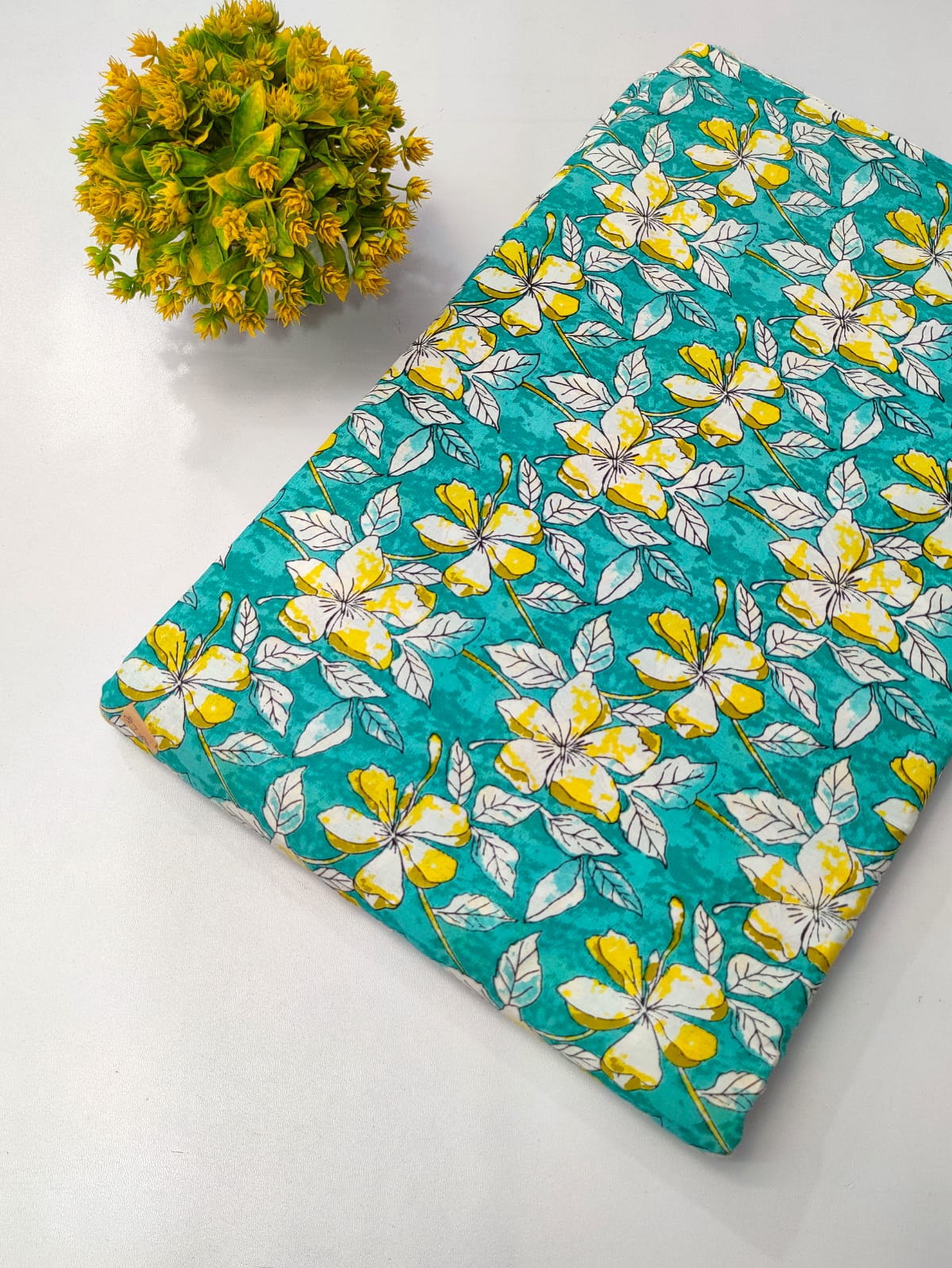 Turquoise Floral Screen Print Pure Cotton Fabric From Tulsi Prints
