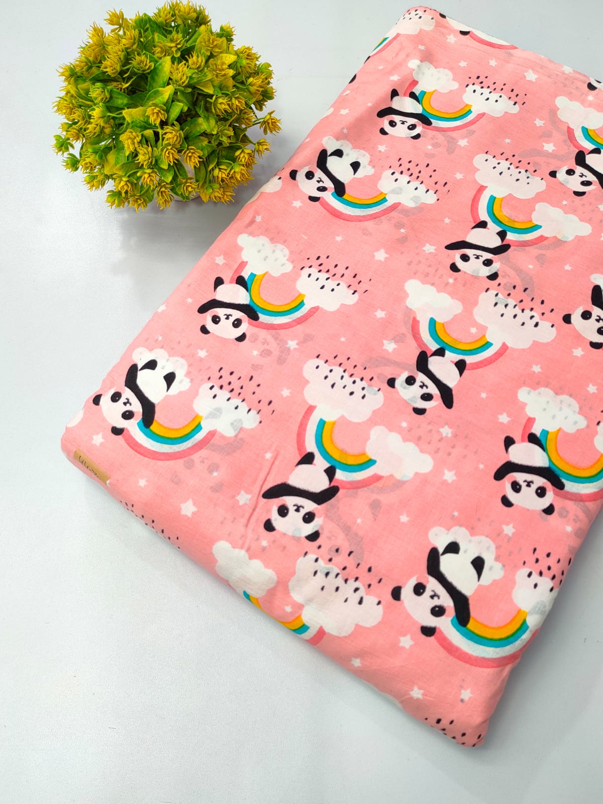 Pink Panda Rainbow Screen Print Pure Cotton Fabric From Tulsi Prints