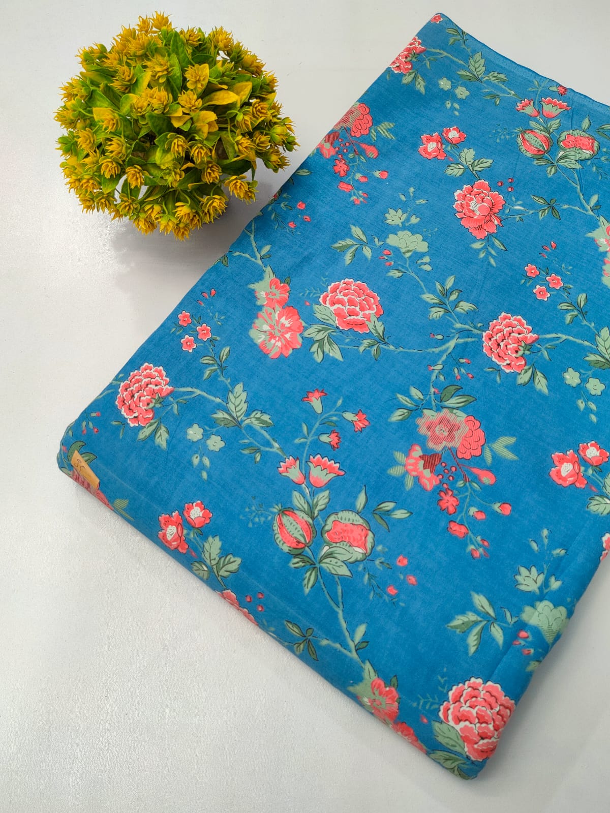 Turquoise Floral Screen Print Pure Cotton Fabric From Tulsi Prints