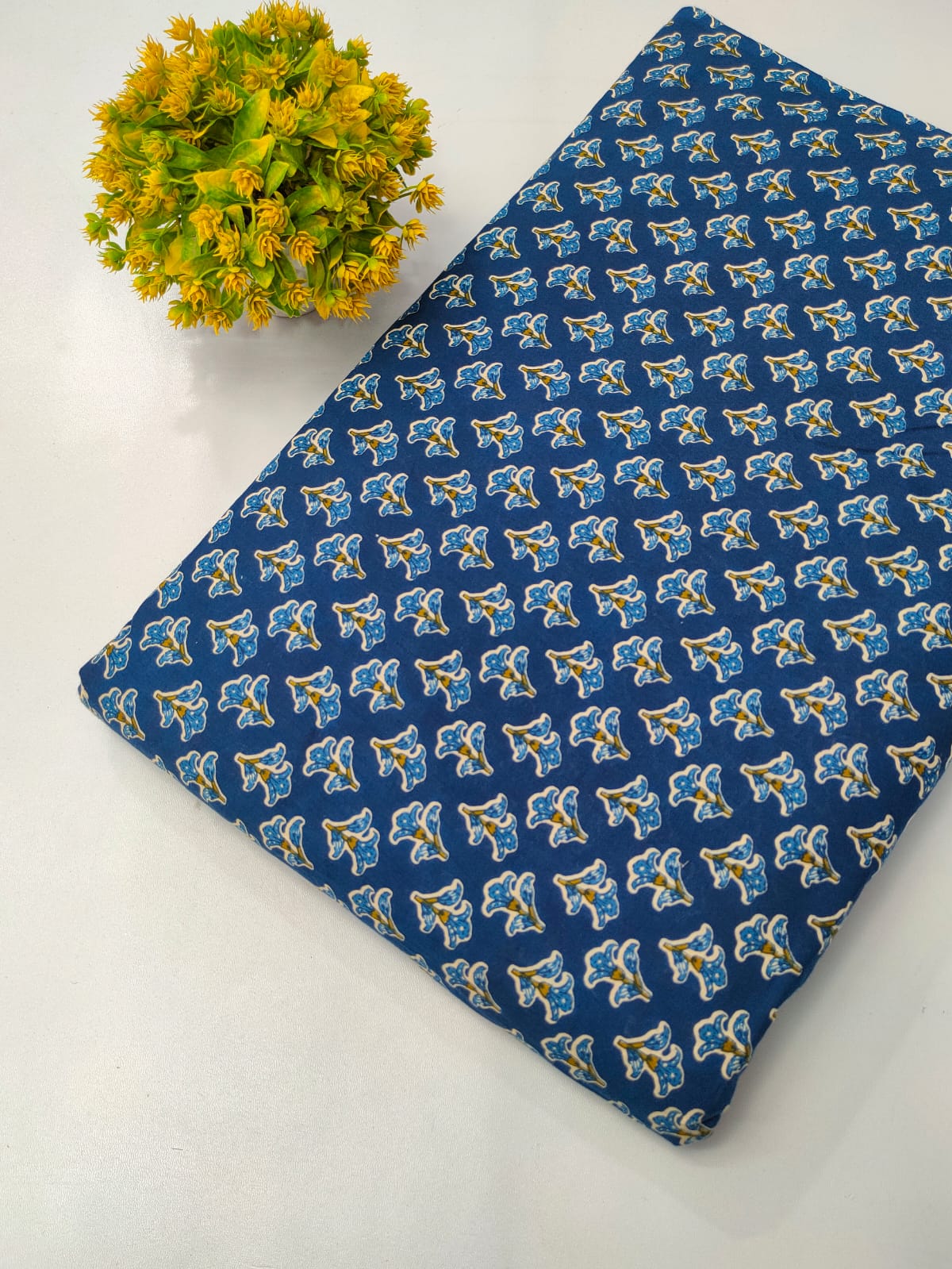 Navy Blue Floral Screen Print Pure Cotton Fabric From Tulsi Prints